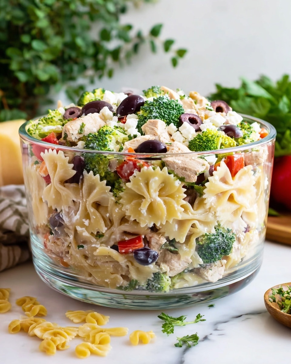 The image shows a bowl filled with a pasta salad made of bowtie pasta as the base layer, light yellow in color with a slightly shiny texture. Mixed in are vibrant green broccoli florets and large dark purple olives, adding texture and color contrast. There are pieces of white chicken meat scattered throughout, along with chunks of red bell pepper, white crumbled cheese, and small green herb leaves on top for garnish. The bowl is white and placed on a round wooden slice, with a silver fork resting on the side. In the background, there is a clear glass jar filled with the same pasta salad and a small white bowl containing dark olives, set on a white marbled surface with some vegetables blurred in the back. photo taken with an iphone --ar 4:5 --v 7