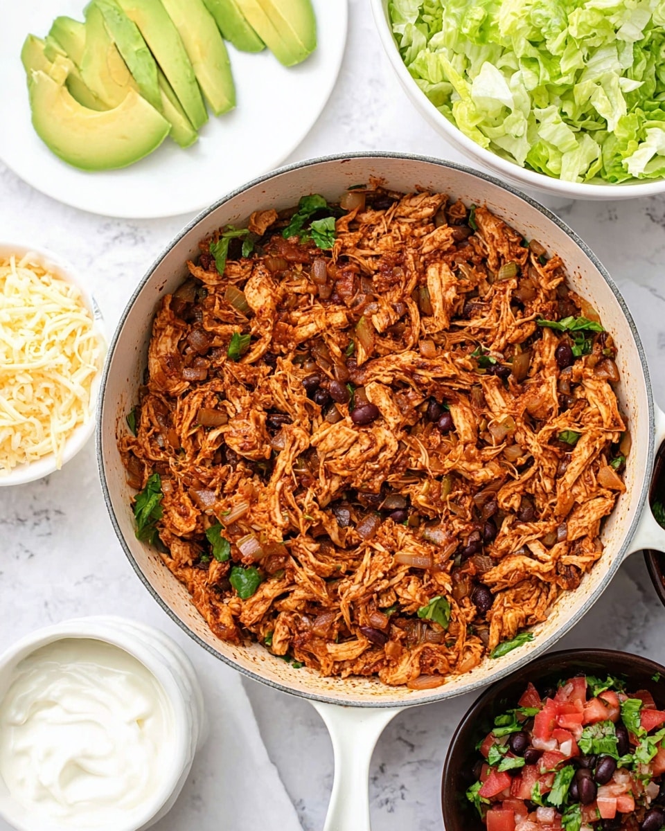 A large white pan filled with shredded chicken mixed with black beans and spices, showing a reddish-brown color with visible bits of green herbs and cooked onion pieces scattered throughout. Behind it, a white bowl containing chopped light green lettuce is placed on a white marbled surface. To the left, there are slices of fresh green avocado on a white plate. To the right, a small white bowl is filled with shredded pale yellow cheese. At the bottom left corner, a small white bowl of white sour cream is visible, and at the bottom right, there is a small dark bowl filled with a chunky mixture of chopped red tomatoes, white onions, and greens. Photo taken with an iphone --ar 4:5 --v 7