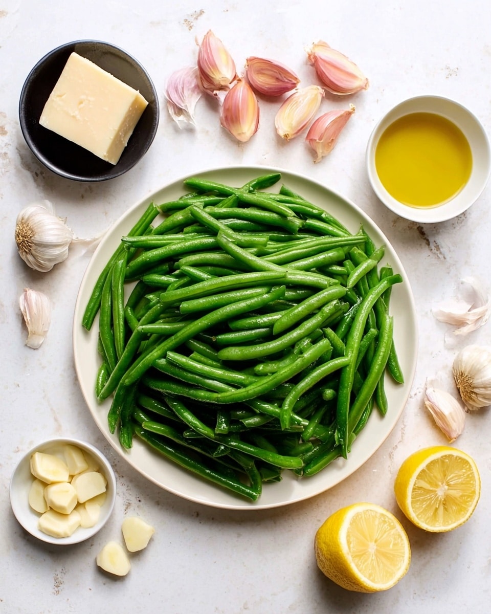A white plate filled with fresh, bright green beans piled in the center, showing smooth and slender textures. Around the plate on a white marbled surface, there are whole and sliced shallots with pale pink and cream colors on the top left, a small black bowl holding a block of light tan cheese with a slightly rough surface on the bottom left, three peeled garlic cloves arranged nearby, a small white bowl filled with golden olive oil on the top right, and two lemon halves with bright yellow skin and pale yellow flesh placed on the bottom right. Photo taken with an iphone --ar 4:5 --v 7