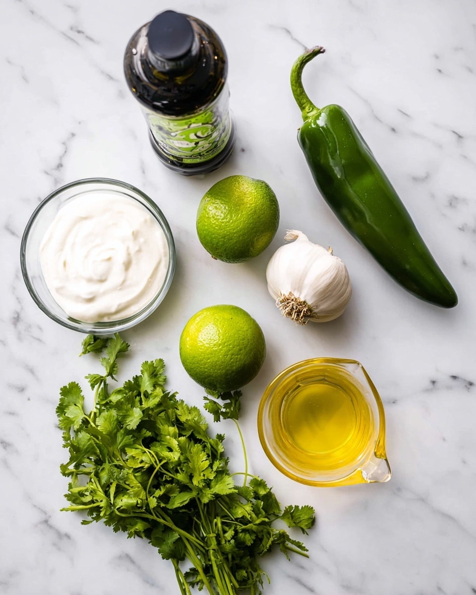 A flat lay of fresh cooking ingredients arranged on a white marbled surface includes a bunch of bright green cilantro in the bottom left corner, two whole limes with shiny green skin in the center, a white head of garlic above a long, smooth dark green jalapeño pepper, a small clear glass bowl of creamy white sour cream on the left, a glass measuring cup with golden yellow oil on the right, and a large dark bottle of avocado oil in the top left corner, photo taken with an iphone --ar 4:5 --v 7