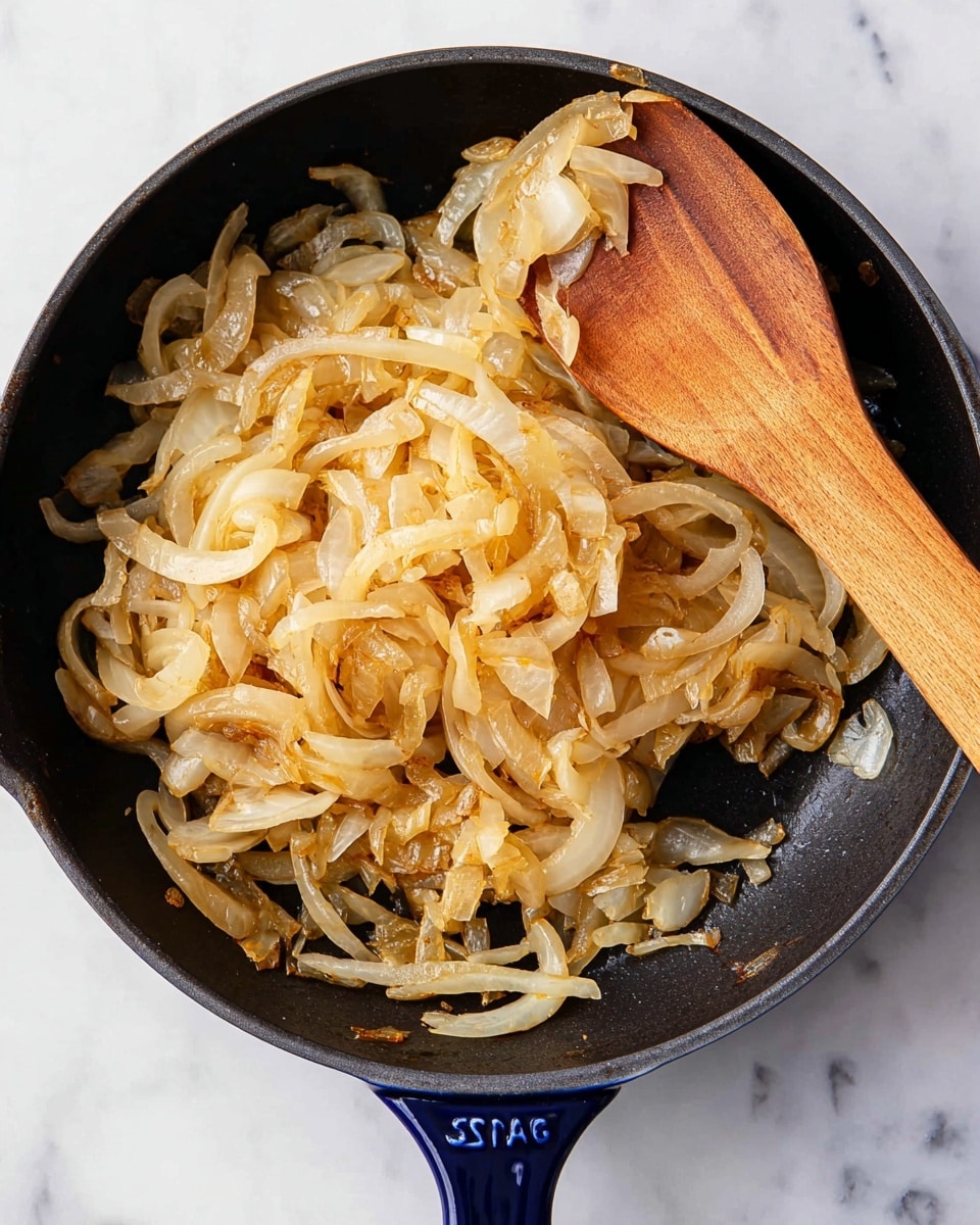 The image shows a black pan filled with cooked sliced onions that are soft and light golden in color, some pieces showing a slightly darker brown part. A wooden spatula is resting in the pan, partially covered by the cooked onions and showing its smooth surface and flat shape. The pan is set on a white marbled surface, and the handle of the pan is visible and dark blue. Photo taken with an iphone --ar 4:5 --v 7