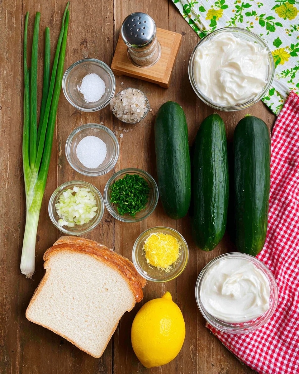A top-down view of ingredients laid out on a wooden surface including three dark green cucumbers placed vertically on the right, a halved lemon with bright yellow inside at the bottom left corner, and a slice of white bread positioned near the bottom center. There are several small glass bowls containing white cream, fresh chopped green onions, white powder, liquid, yellow zest, and chopped green herbs arranged neatly around the cucumbers and lemon. Nearby are a salt and pepper shaker on a small wooden holder, two long green onions on the top left, and a red and white checkered cloth with green floral designs on the top right. photo taken with an iphone --ar 4:5 --v 7