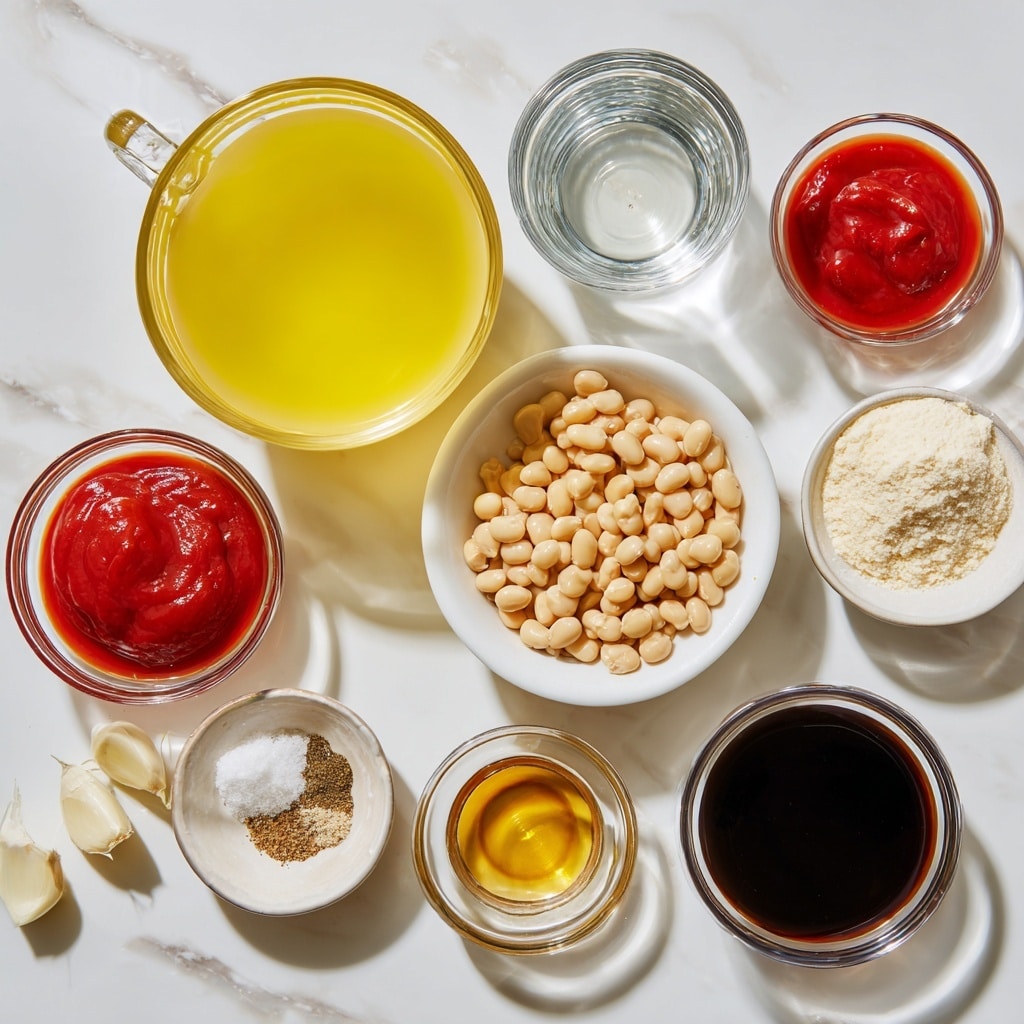 The image shows a white marbled surface with various clear and white glass bowls and cups arranged neatly, each holding different ingredients. On the left, there is a clear glass cup filled with bright yellow chicken broth, and below it is a smaller clear glass cup filled with clear water. In the center, a white bowl holds small beige navy/haricot beans. Around these, smaller clear bowls and cups hold ingredients like brown sugar, thick red ketchup, darker red tomato paste, a white powdery mix of cornflour or cornstarch, light brown vinegar, and dark Worcestershire sauce. There is also a small dish with a mix of onion, garlic, salt, and black pepper, all placed on the white marbled surface. photo taken with an iphone --ar 4:5 --v 7