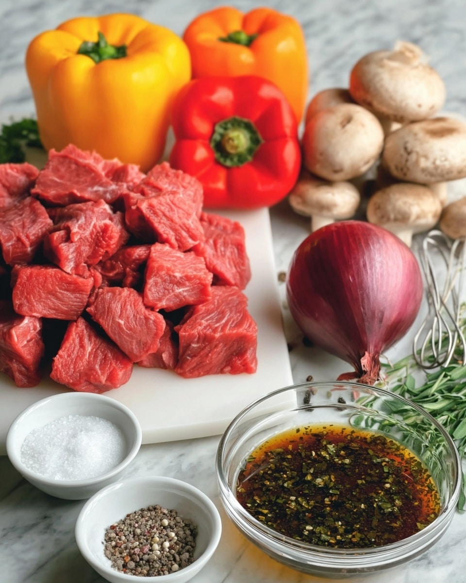 The image shows a white cutting board with a pile of raw red beef cubes with visible texture and marbling at the center. Behind the beef, there is one yellow, one red, and one orange bell pepper, all with shiny smooth skins. To the right of the peppers, there is a large whole red onion with a purple outer layer next to a group of light brown mushrooms with smooth caps. In front of the onion and mushrooms, a whole bulb of garlic with light purple stripes rests. Below the cutting board, two small white bowls hold coarse salt and mixed peppercorns. In the foreground, a clear glass bowl contains a dark marinade with layers of fresh green herbs, black pepper, minced garlic, and a drizzle of oil visible on top. The surface is a white marbled texture with some fresh green herbs and a metal whisk placed near the bowl. The photo taken with an iphone --ar 4:5 --v 7