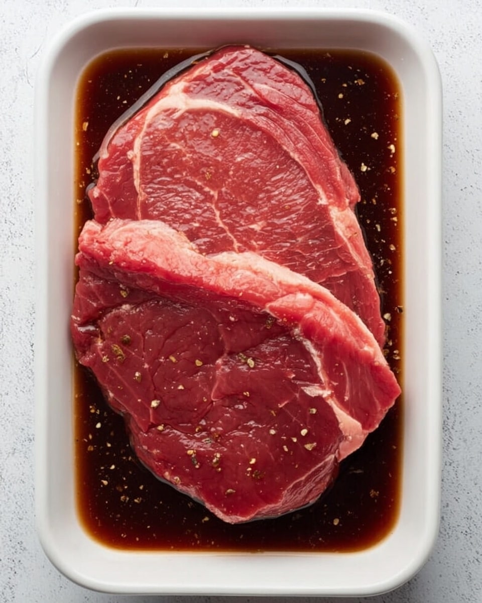 Two raw beef steaks with visible white fat marbling lie flat side by side in a white rectangular dish filled with a dark brown marinade. The steaks are a deep red color with a slightly shiny texture from the liquid. The liquid covers the steaks completely, and small bits of seasoning float on the surface. The dish rests on a white marbled textured surface. photo taken with an iphone --ar 4:5 --v 7