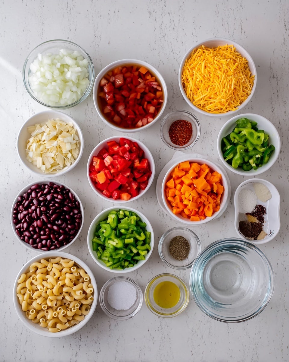 The image shows several white bowls and clear glass bowls arranged on a white marbled surface, each filled with different cooking ingredients. There are diced white onions in a clear bowl, whole diced tomatoes with liquid in a white bowl, chopped green bell peppers in a white bowl, bright orange chopped carrots in a clear bowl, shredded yellow cheddar cheese in a white bowl, uncooked elbow macaroni pasta in a white bowl, dark red kidney beans, and black beans both in white bowls. Small white dishes hold olive oil, chopped garlic cloves, salt, chili powder, and ground spices arranged near the main bowls. A large empty clear glass mixing bowl is also visible. The layout is neat and shows the ingredients separately for easy viewing, all on a smooth white marbled surface. photo taken with an iphone --ar 4:5 --v 7