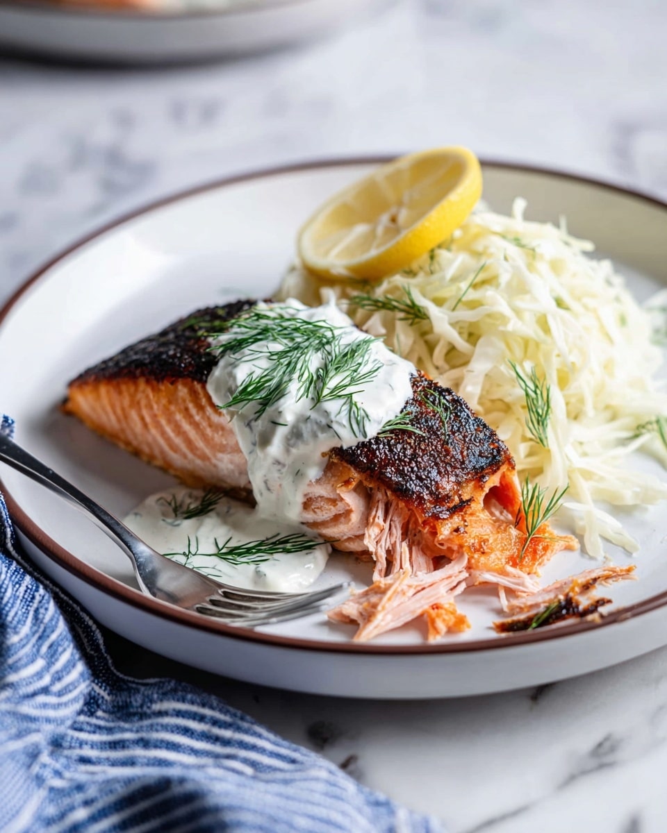 Four pieces of cooked salmon with a dark crispy top layer, showing a rough texture from spices, and an orange-pink inside layer, sizzling in a black pan. Each salmon piece is topped with small green dill sprigs and thin lemon slices with a light yellow rind and pale yellow center. The pan has bubbles of cooked oil around the salmon, and there is a metal spatula under one piece. The dish is presented on a white marbled surface. photo taken with an iphone --ar 4:5 --v 7