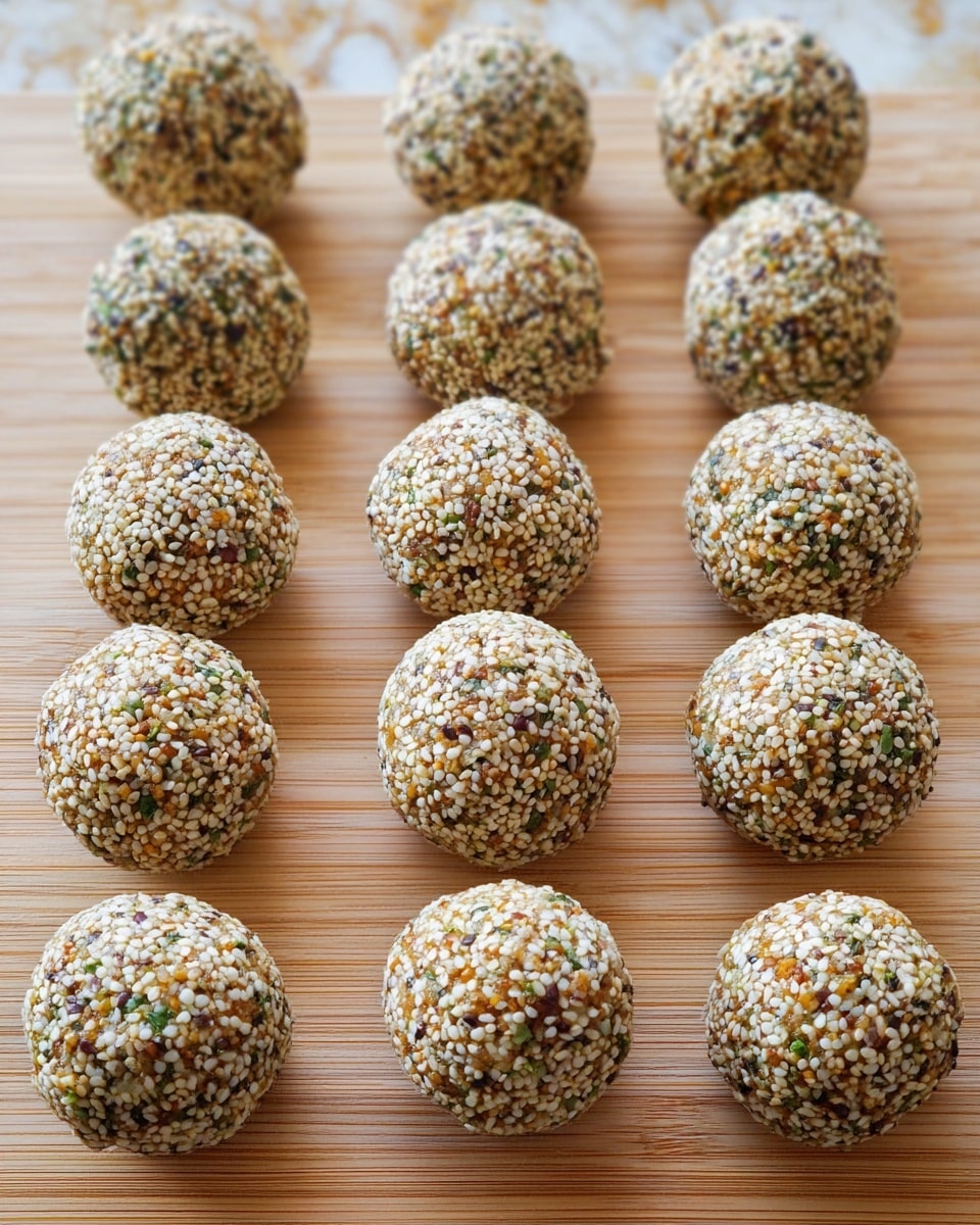 The image shows fifteen round balls arranged in a neat grid on a light brown wooden surface. Each ball is covered with a layer of small white seeds mixed with green bits, giving them a bumpy texture with a speckled pattern of white and green on the outside. The balls have a golden-brown base, visible through some gaps in the seed coat, indicating a dense and firm texture underneath. The shapes are uniform, smooth, and tightly packed, creating a consistent look across all the pieces. The background is a white marbled texture. photo taken with an iphone --ar 4:5 --v 7
