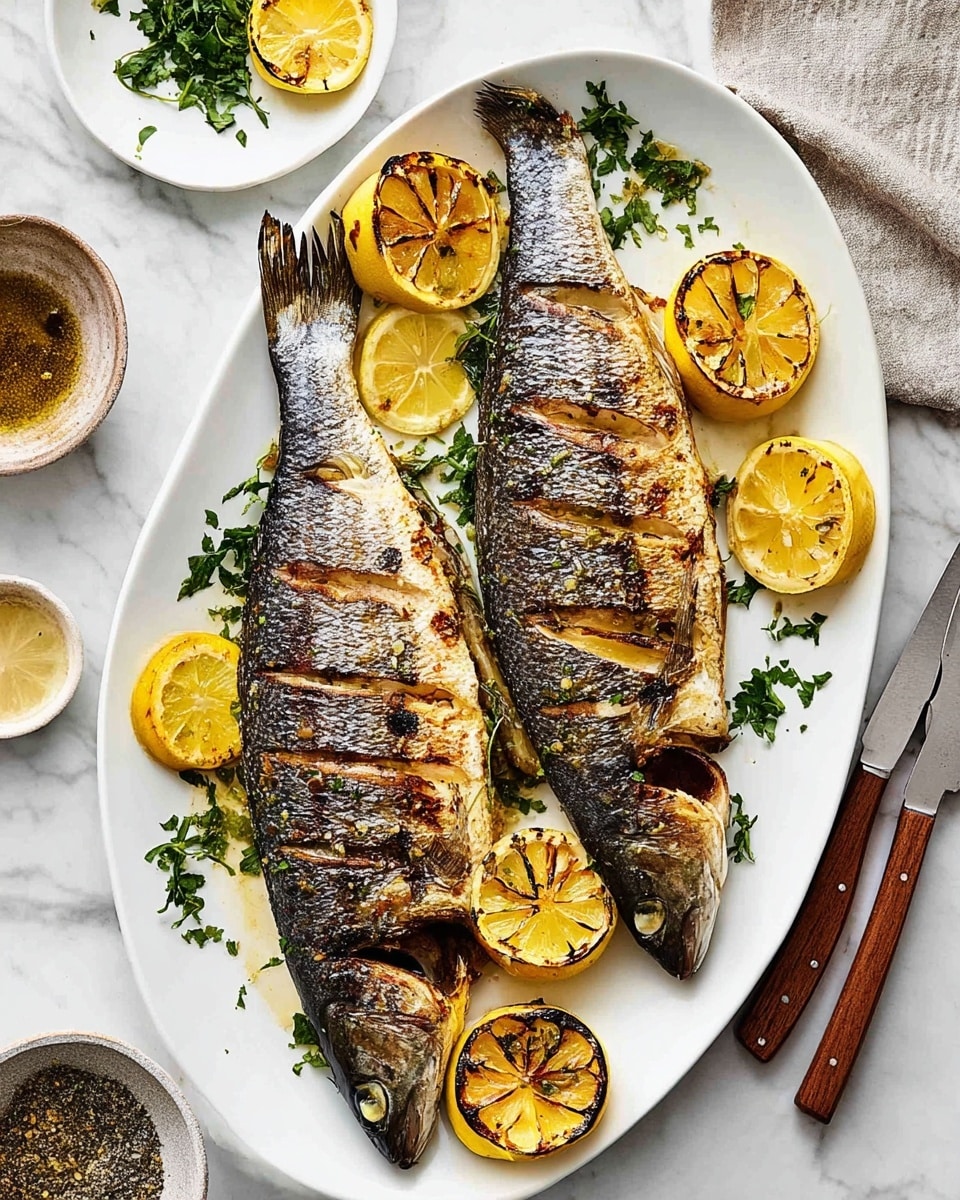 Two whole fish with silver and grey scaly skin lie side by side on a white baking tray with subtle texture. Each fish has five diagonal cuts on their bodies. Below and around the fish, there are green leafy herbs and pale yellow lemon slices. Some lemon slices are beneath the fish, peeking around the edges. Tiny black pepper specks are sprinkled on the fish and tray. The whole setup rests on a white marbled surface. Photo taken with an iphone --ar 4:5 --v 7