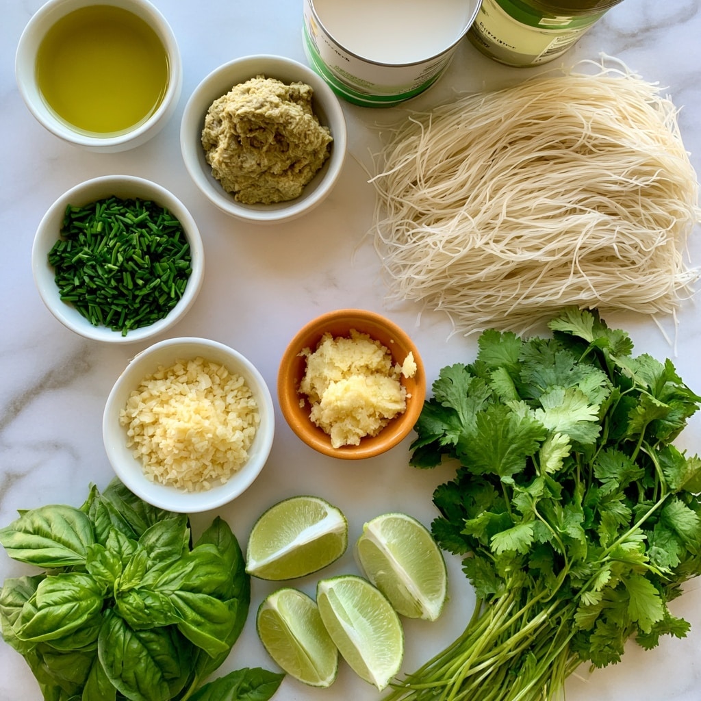 The image shows a white marbled background with various ingredients arranged neatly. In small white bowls there is a light yellow olive oil, a light brown green curry paste, bright green chopped chives, finely minced pale yellow garlic, and grated pale yellow ginger in an orange bowl. A can of white coconut milk and a yellow carton of vegetable broth are placed near the top right. Thin, pale white vermicelli noodles are laid flat next to the broth. At the bottom, there are fresh green basil leaves, four lime wedges showing light green flesh, and a bunch of fresh cilantro with vibrant green leaves. Each ingredient is labeled with black and white text near its position. Photo taken with an iphone --ar 4:5 --v 7