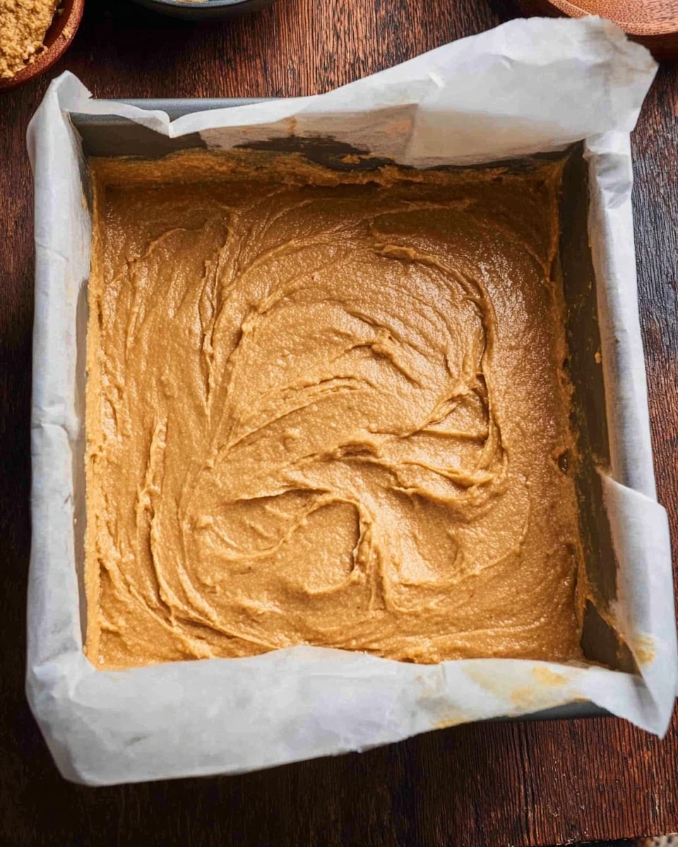 A square baking pan lined with white parchment paper holds a thick, light brown batter spread unevenly inside. The batter has a slightly rough, textured surface with visible swirling marks from spreading. The pan rests on a dark wooden surface, but the background should be imagined as white with a marbled texture. Around the pan, parts of other dishes are seen but not in focus. Photo taken with an iphone --ar 4:5 --v 7
