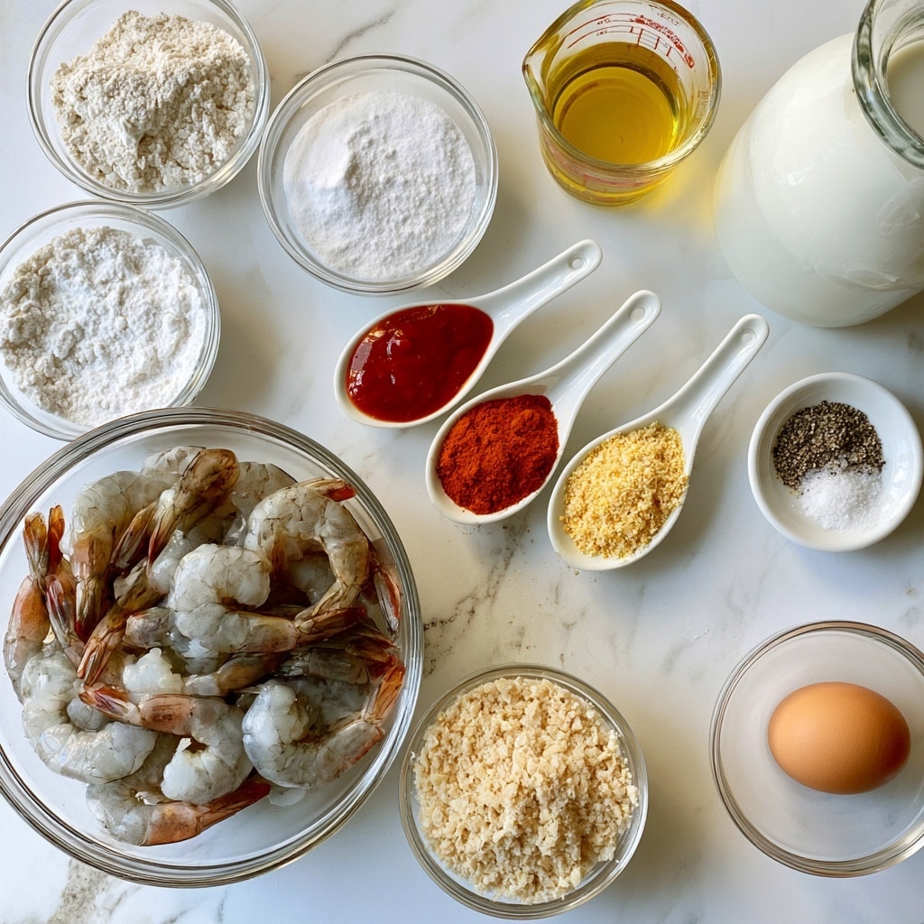 A top-down view shows various cooking ingredients arranged on a white marbled surface. On the left, there is a large clear glass bowl filled with raw shrimp, light gray with pinkish brown tails. Around it, smaller clear glass bowls hold white flour and white cornstarch, while another bowl contains light beige panko breadcrumbs. Three small white ceramic spoons hold bright red hot sauce, deep orange smoked paprika powder, and light yellow garlic powder. Another small white dish contains a mix of black pepper and white salt. A small glass measuring cup with light yellow vegetable oil and a bigger glass jug with white buttermilk are placed nearby. A clear small bowl contains a single brown egg. The arrangement is neat and clear, with each ingredient distinctly visible. photo taken with an iphone --ar 4:5 --v 7