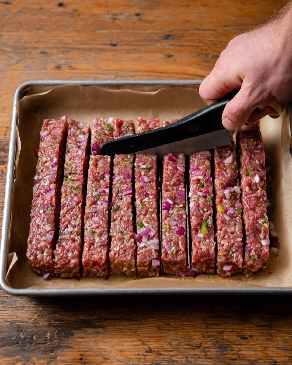 A metal tray lined with brown parchment paper holds a thick, rectangular layer of raw minced meat mixed evenly with small pieces of purple onion and bits of green herbs and spices. The meat mixture is cut into long narrow strips, arranged in six rows from left to right. A woman's hand holding a black-handled scraper presses down on the right side, partially cutting through the meat, with a wooden textured surface beneath the tray. photo taken with an iphone --ar 4:5 --v 7