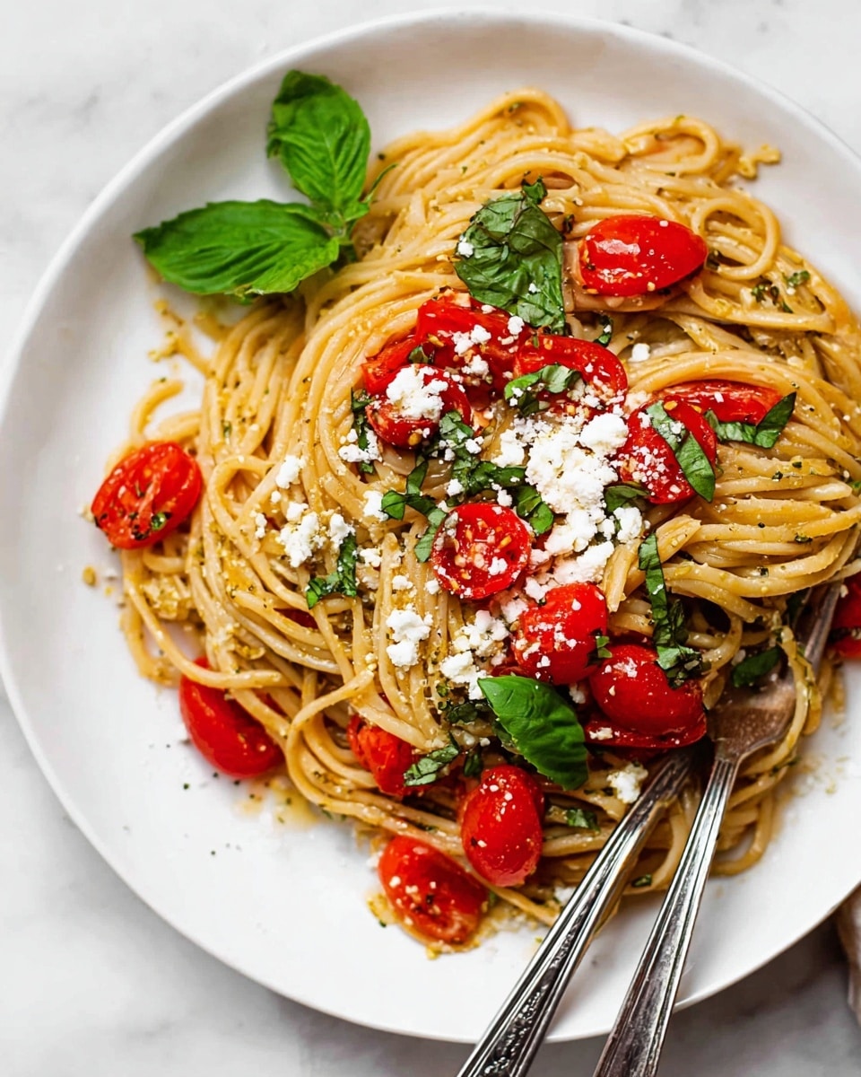 A white plate holds a serving of pasta made from long, light golden noodles twisted into a loose pile. Scattered on top are bright red cherry tomato pieces, some whole and others broken into halves or quarters, adding a pop of color. Sprinkled across the dish is a layer of fine, crumbly white cheese. Fresh green leaves, likely basil or similar, are placed both on top and around the pasta, adding vibrant contrast. Two silver forks rest on the right side of the plate, partially buried in the pasta. The scene is set on a white marbled surface. photo taken with an iphone --ar 4:5 --v 7