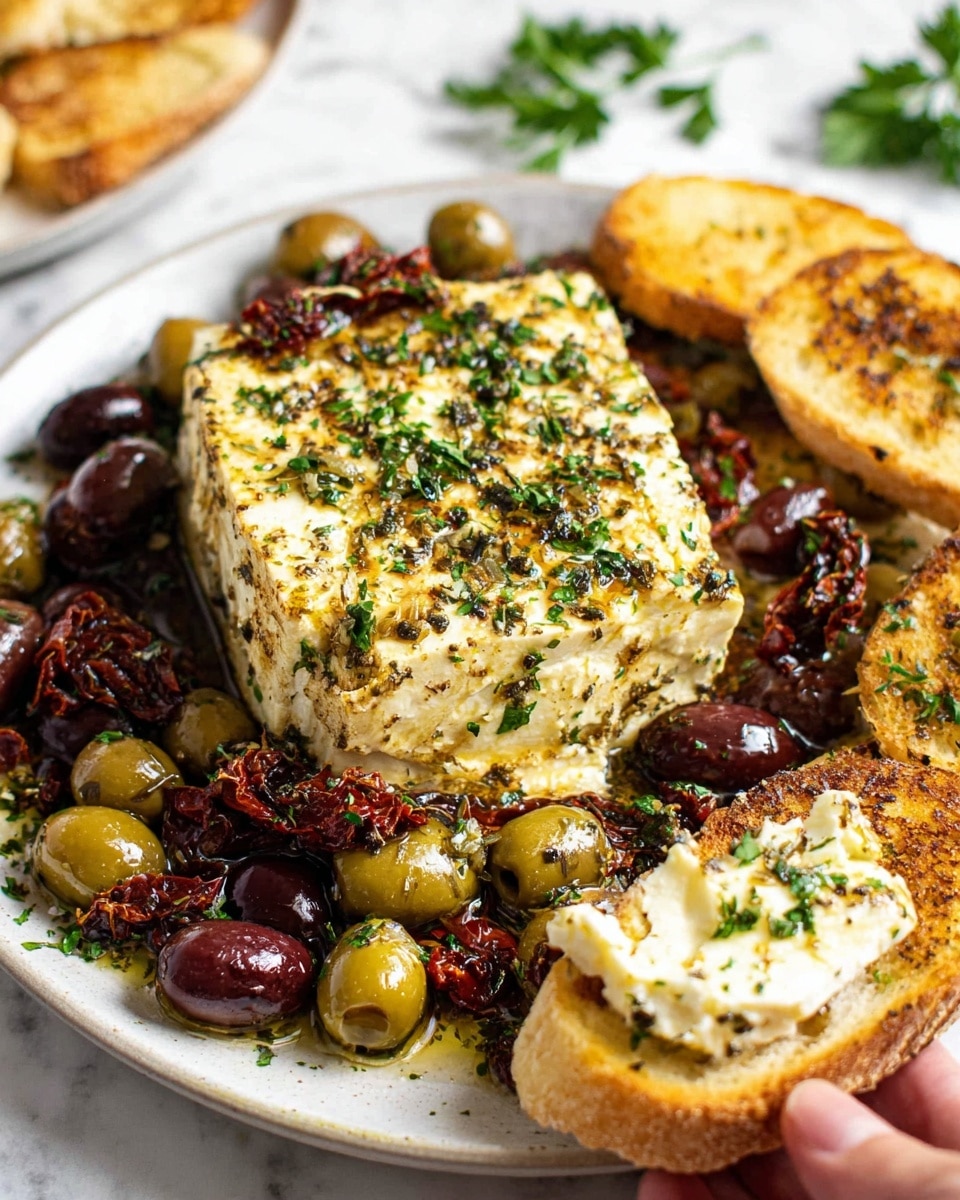 A white round plate on a white marbled surface holds a block of baked cheese seasoned with herbs and sprinkled with chopped parsley. Around the cheese, there are many green and dark purple olives mixed with pieces of sun-dried tomatoes soaked in oil. To the right of the plate, a toasted white bread slice has a scoop of soft cheese spread on top, with another toasted bread and some green parsley scattered on the marble surface nearby. A woman's hand is holding the plate from the side. The colors are warm and inviting, showing the shiny texture of the olives and the herbs on the cheese. photo taken with an iphone --ar 4:5 --v 7