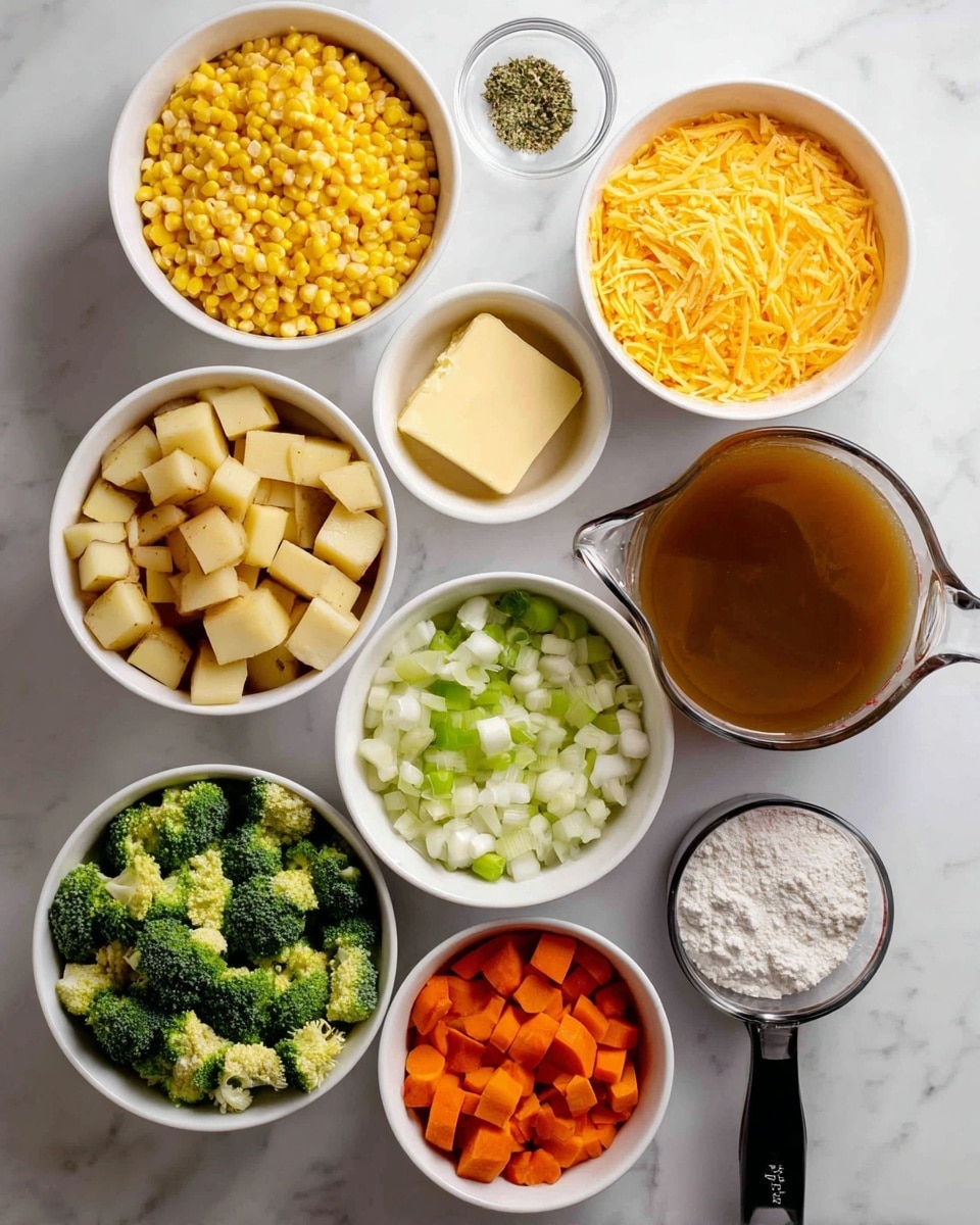 The image shows several white bowls and clear measuring cups arranged on a white marbled surface. There are seven white bowls containing different ingredients: one with bright yellow corn kernels, one filled with shredded orange cheddar cheese, one with cubed light brown potatoes, one with chopped green broccoli, one with diced white onions, orange carrots, and green celery, one with a small block of yellow butter, and one with white and green dried herbs and garlic. Additionally, there is a black measuring cup holding white flour and a large clear measuring cup filled with brown liquid broth. photo taken with an iphone --ar 4:5 --v 7