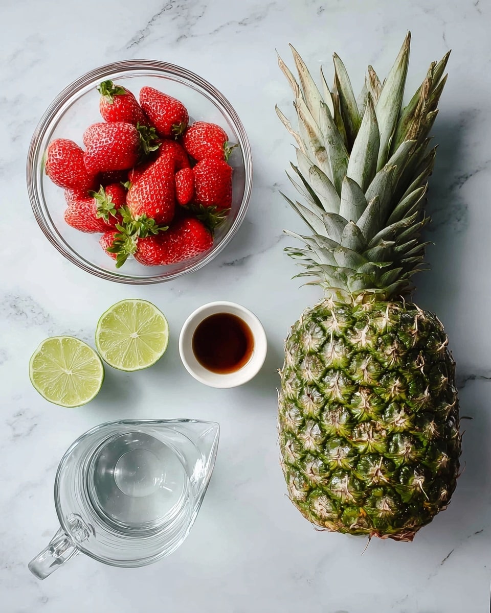 A whole green pineapple with textured skin and spiky leaves is placed on the right side of a white marbled surface. To the left, a transparent glass bowl is filled with red strawberries with green stems. Below the bowl, two lime halves with pale green flesh are arranged side by side, and a small white bowl containing dark brown liquid – likely syrup or sauce – sits near them. At the bottom left, there is a clear glass pitcher filled with water, visible through its transparency. All the items are neatly spaced on the white marbled background photo taken with an iphone --ar 4:5 --v 7
