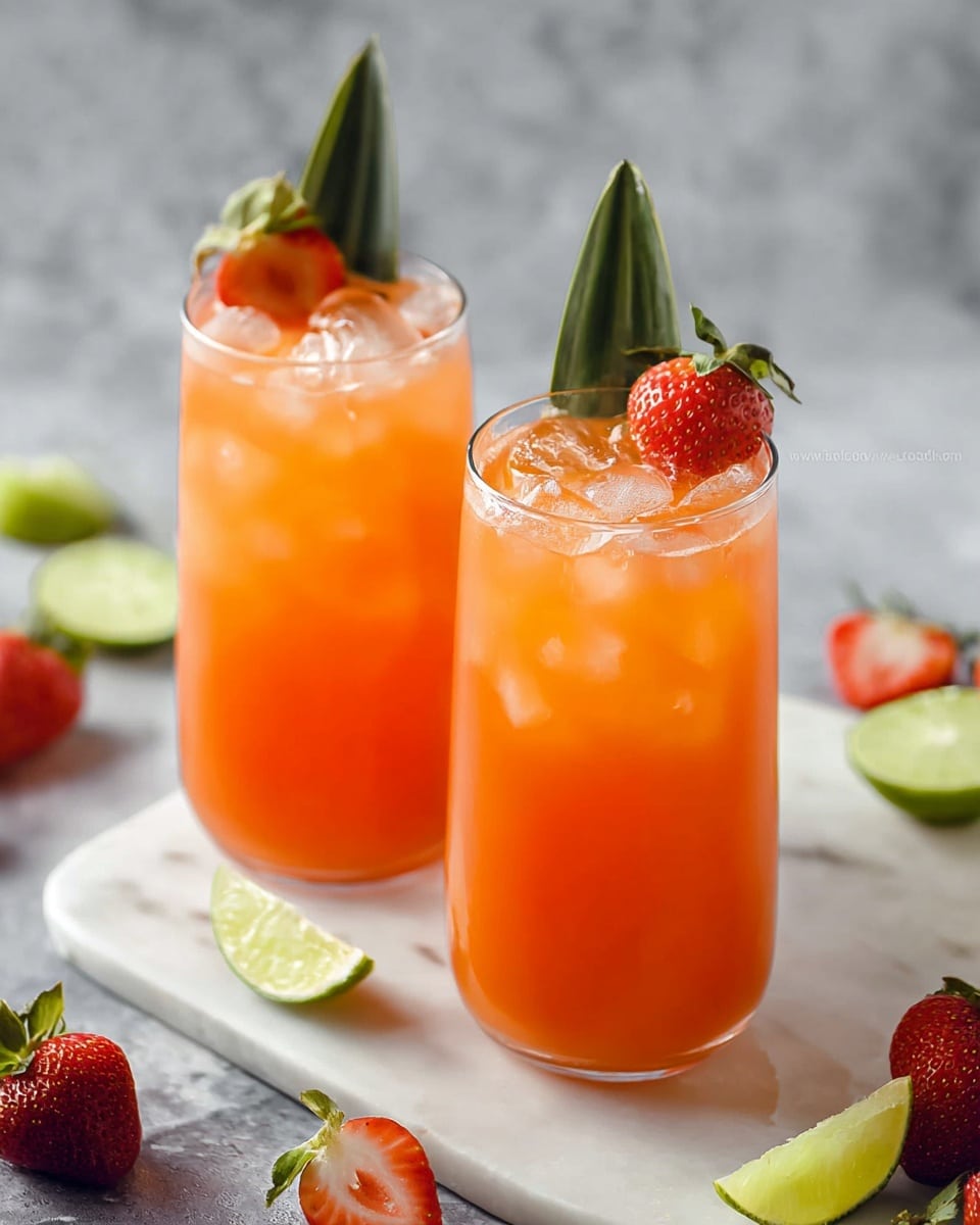 Two tall clear glasses are filled with bright orange drink and ice cubes. Each glass has a green leaf standing vertically inside, with a red strawberry and a thin lime slice placed on the rim. The glasses stand on a white marbled surface with more strawberries and lime slices scattered around. The background is soft gray. photo taken with an iphone --ar 4:5 --v 7