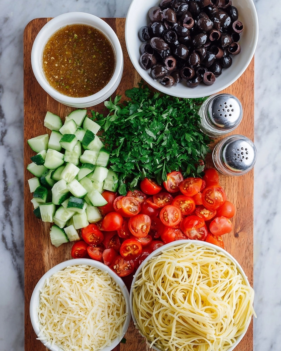 The image shows a wooden cutting board with colorful ingredients neatly arranged on a white marbled surface. On the board, there is a white bowl of sliced black olives placed near the top right, with a silver salt shaker beside it. Next to the olives are bright red cherry tomatoes cut in halves, arranged in a pile. Below the tomatoes, fresh green parsley is grouped in loose bunches. To the left, there are cucumber pieces cut into small chunks, with a white bowl of brownish sauce with visible herbs near the bottom left. At the bottom right of the image, there is a white bowl filled with cooked spaghetti noodles. Another white bowl containing shredded cheese sits near the salt shaker on the right. The overall look is fresh, colorful, and organized, with all items presented clearly photo taken with an iphone --ar 4:5 --v 7