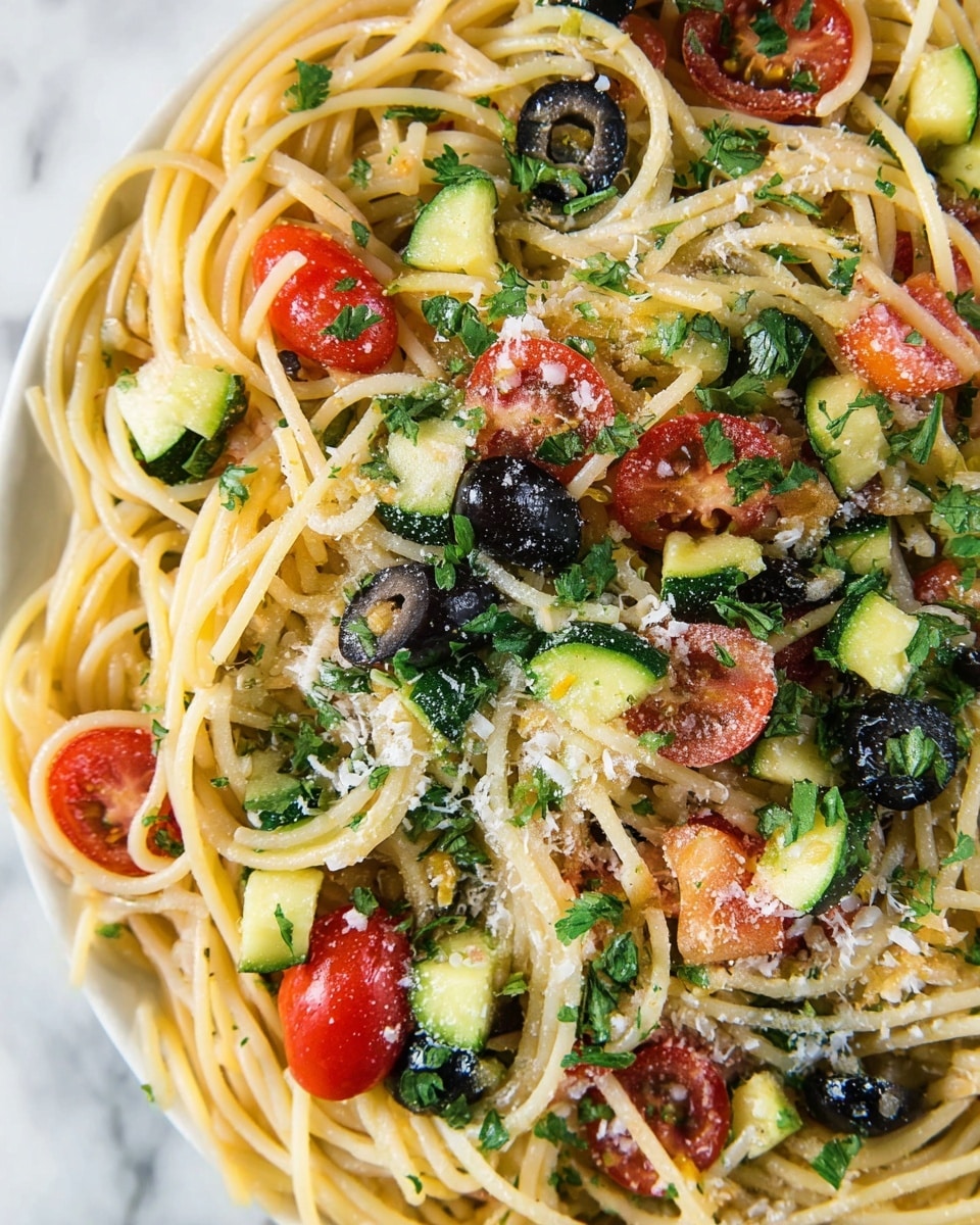 The image shows a close-up view of a spaghetti salad mixed with several colorful ingredients. The bottom layer is made of long, smooth, pale yellow spaghetti noodles scattered throughout. On top, there are unevenly chopped pieces of green zucchini with a slightly rough texture, halved bright red cherry tomatoes, and slices of black olives showing their round cross-sections. There are small pieces of green parsley sprinkled all over the dish, adding a fresh touch. A light dusting of grated cheese covers parts of the salad, creating a fine powder on the noodles and vegetables. The dish is presented on a white plate placed on a white marbled surface. photo taken with an iphone --ar 4:5 --v 7
