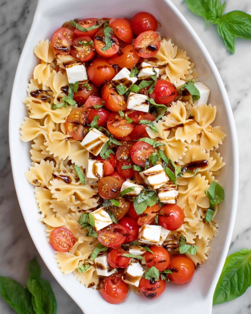 A white oval bowl filled with three layers: the base layer is light yellow bowtie pasta with some light browning spots, the middle layer is sliced and halved bright red cherry tomatoes, and the top layer is white cheese cubes scattered throughout with fresh green basil leaves thinly sliced and whole, all drizzled with a dark brown dressing. The bowl is placed on a white marbled surface with a few green basil leaves around. photo taken with an iphone --ar 4:5 --v 7