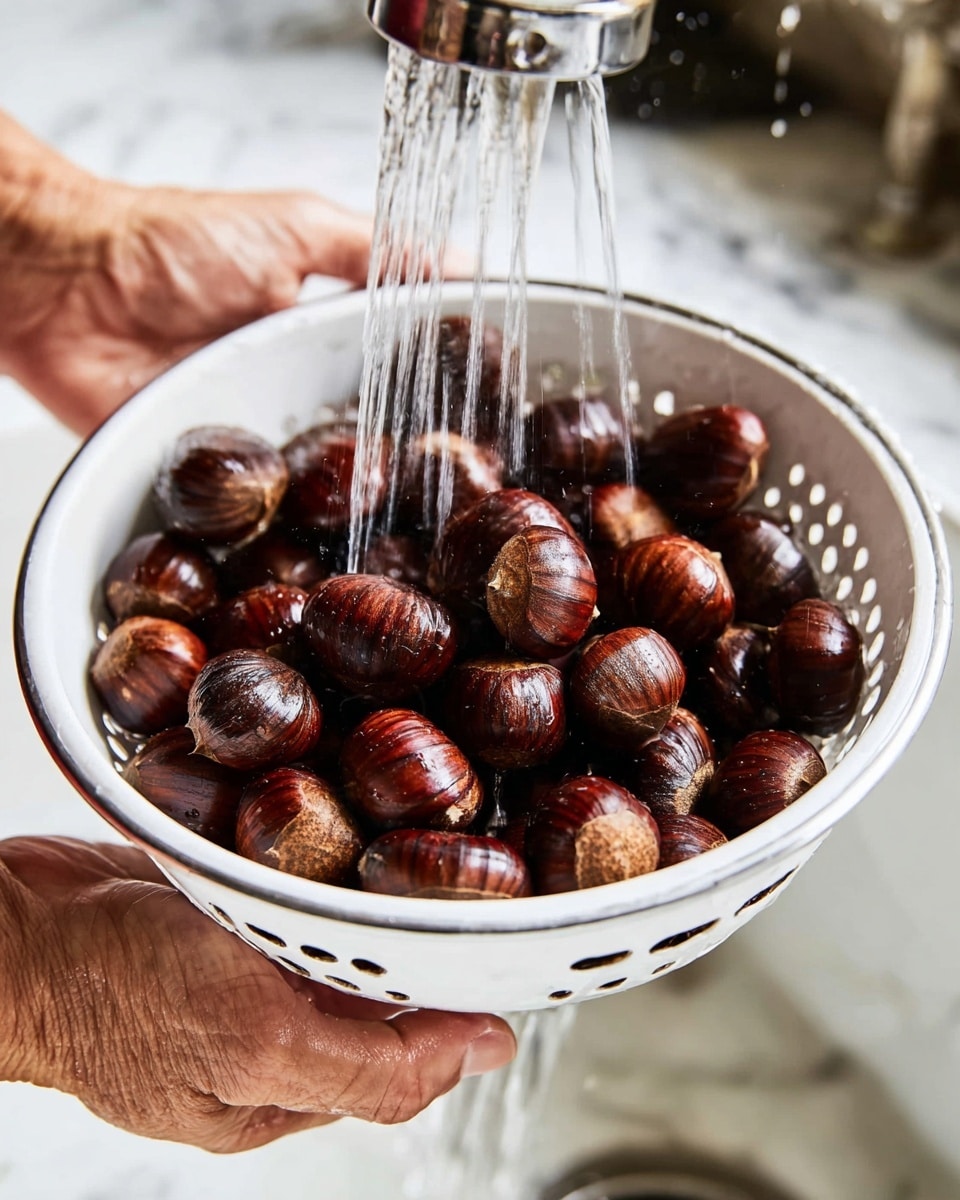 A white colander filled with shiny, dark brown chestnuts is held by two woman's hands, positioned near the bottom of the frame. Water flows from a faucet above, streaming down in thin, clear lines that splash over the smooth, round chestnuts, giving them a wet look. The chestnuts fill the colander in one thick layer, with different shades of brown and subtle grooves on their shells catching the light. The background is softly blurred, and the whole scene is set against a white marbled surface, creating a clean and fresh feel. Photo taken with an iphone --ar 4:5 --v 7