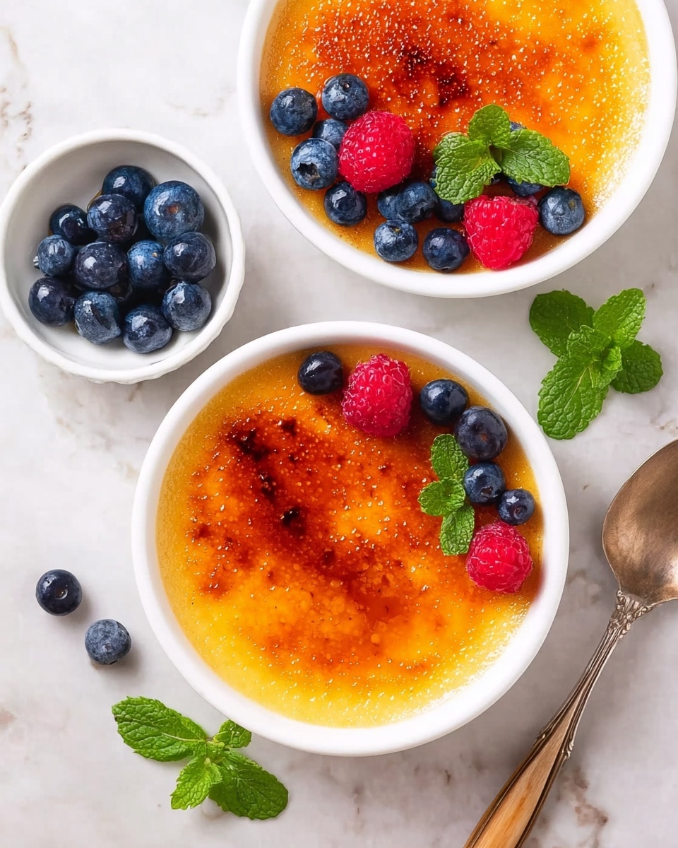 Two white round dishes filled with a smooth, golden caramelized sugar layer on top. One dish is plain with an even, glistening amber-brown caramel surface that has slightly darker spots. The other has fresh berries arranged on one side: whole blueberries, halved blueberries showing their pale interiors, and bright red raspberries with fresh green mint leaves tucked among them. The dishes sit on a white marbled surface with a small bowl of extra blueberries and scattered mint leaves beside them. A silver spoon with a wooden handle is placed near the bottom right corner. photo taken with an iphone --ar 4:5 --v 7