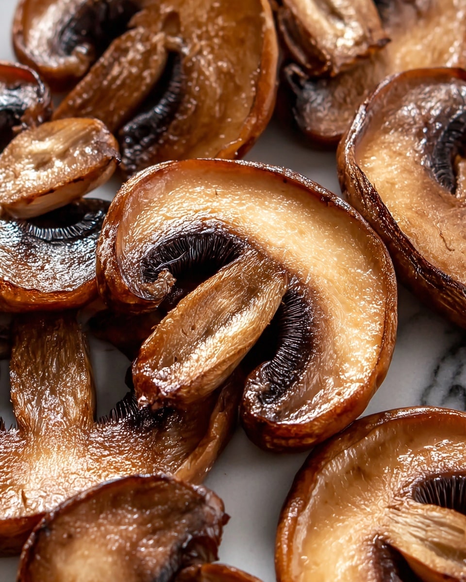 The image shows several cooked mushroom slices with a shiny, brown color and slightly wrinkled texture that make them look soft and juicy. The mushrooms have thick stems and rounded caps, some with darker edges and lighter centers, arranged closely together on a white marbled surface. The lighting highlights the glossiness and natural curves of the mushrooms, giving a warm and inviting appearance. Photo taken with an iphone --ar 4:5 --v 7