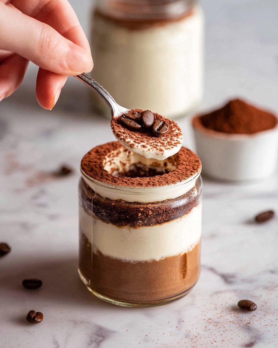 A small clear glass jar with seven visible layers sits on a white marbled surface. The bottom layer is a thick, light brown creamy base. Above it is a white creamy layer, smooth in texture. The middle layer is a darker, rich brown with a slightly grainy texture. Above that is another white creamy layer, topped by a thin dark brown layer. The topmost layer is a light dusting of cocoa powder with two shiny dark brown coffee beans placed on it. A woman's hand holds a spoon above the jar, scooping a spoonful of creamy pudding dusted with cocoa powder and topped with two coffee beans. In the background, there is a blurred white jar with a similar layered dessert and a small white cup filled with cocoa powder. Coffee beans are scattered on the white marbled surface around the jar. Photo taken with an iphone --ar 4:5 --v 7