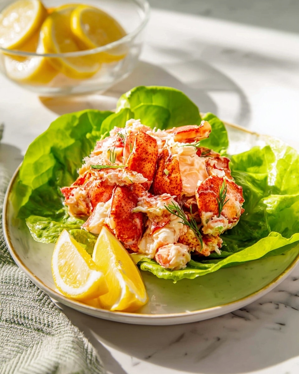 A white plate holds a layered dish starting with a base of large green lettuce leaves arranged around the edge. On top, there is a generous pile of cooked lobster meat with bright red shells and white tender pieces, mixed with small bits of herbs for a light green touch. Two lemon wedges with a pale yellow color sit at the front of the plate, adding freshness and color contrast. The plate rests on a white marbled surface with soft natural light brightening the scene and a glass bowl with lemon slices blurred in the background. photo taken with an iphone --ar 4:5 --v 7