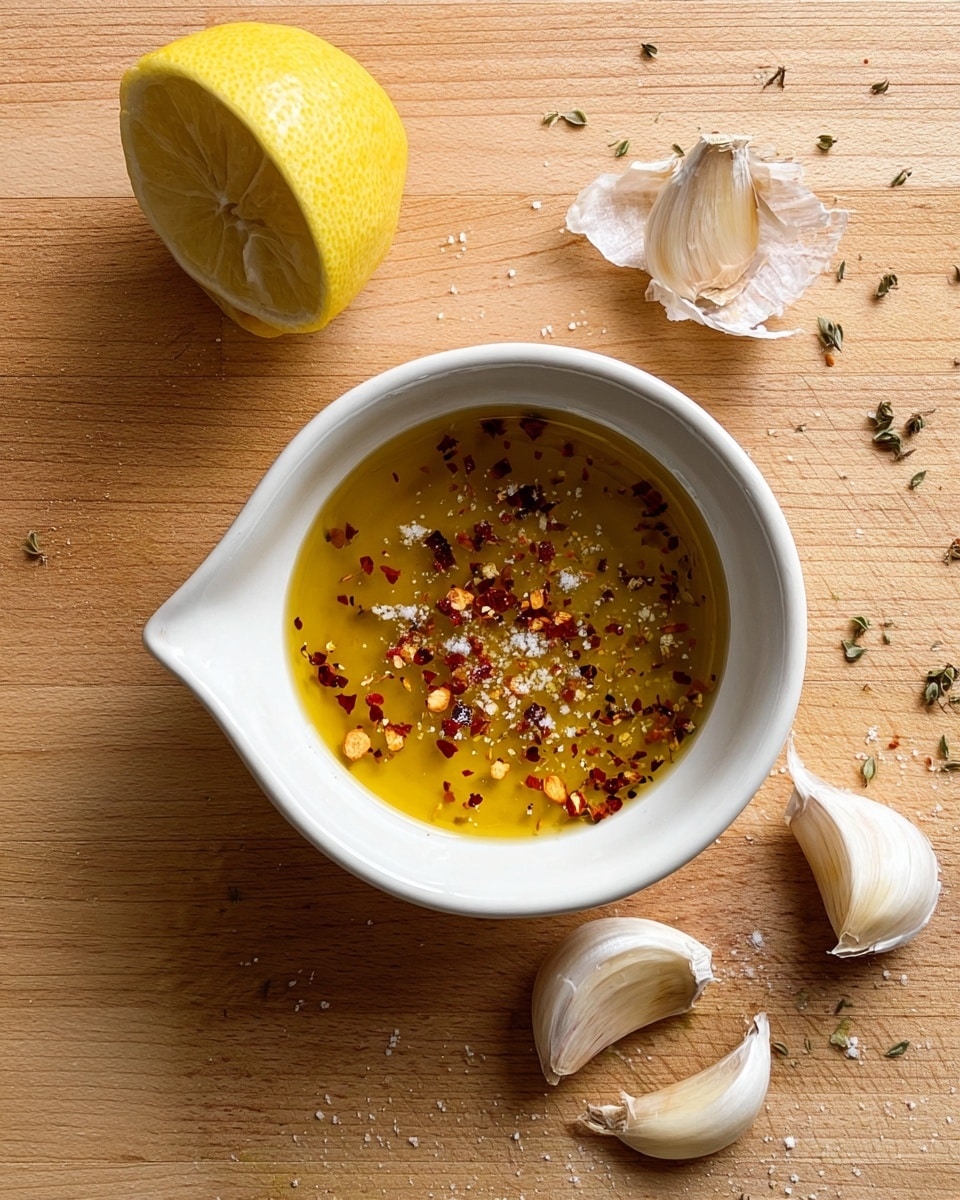A white bowl with a small spout holds a mix of golden olive oil, coarse red chili flakes, and a sprinkle of white salt, all floating together. Around the bowl, on a light brown wooden surface, there are whole garlic cloves, some with papery skins partially peeled off, and a halved yellow lemon showing its juicy inside. Small bits of green herbs are scattered on the surface, adding a touch of color. The scene has a natural, simple kitchen feel. Photo taken with an iphone --ar 4:5 --v 7