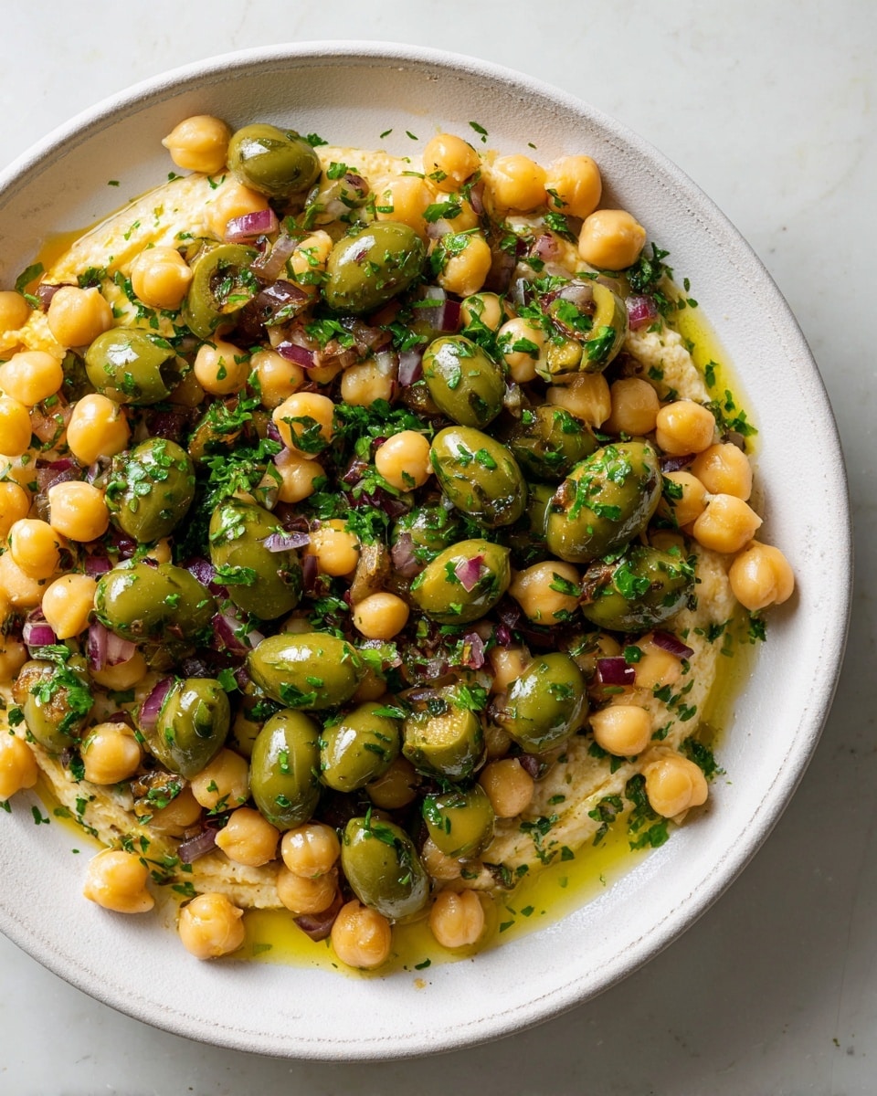 A close-up of a white plate filled with two main layers: the first layer consists of smooth, round, light yellow chickpeas scattered throughout, and the second layer includes shiny, whole and halved green olives mixed evenly. Small pieces of red onion and chopped green herbs are spread all over, adding texture and color contrast. There is a light drizzle of oil glistening on the top, placed on a white marbled surface. photo taken with an iphone --ar 4:5 --v 7