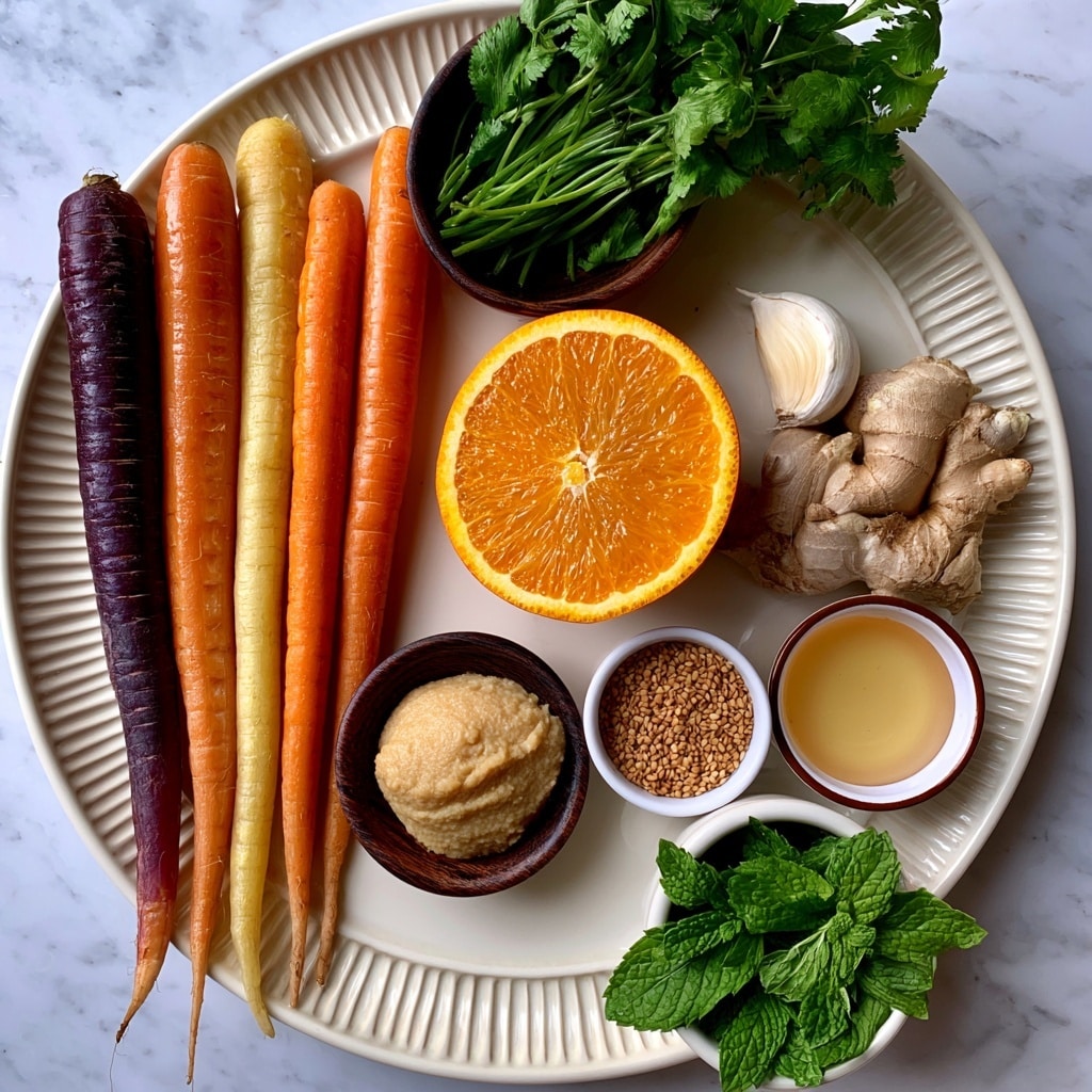 A large white plate with ridged edges holds a colorful arrangement of ingredients. On the left side, there are five whole carrots in shades of deep purple, orange, pale yellow, and bright orange, placed in a row from left to right. Near the top center, a small dark wooden bowl contains fresh green cilantro with long stems. In the middle of the plate, half of a round, bright orange fruit sits cut side up, showing its juicy texture. To the right of the orange, a single white garlic clove and a cluster of light brown, knobby ginger root lie close together. Below the orange, a small dark wooden bowl holds a light tan dollop of miso paste. Next to it, a small white bowl contains tan sesame seeds, and nearby, two small white bowls with brown rims hold a light golden honey and a clear rice vinegar liquid. In the bottom right area, a smaller white bowl holds a bunch of fresh green mint leaves. The plate sits on a white marbled surface. Photo taken with an iphone --ar 4:5 --v 7