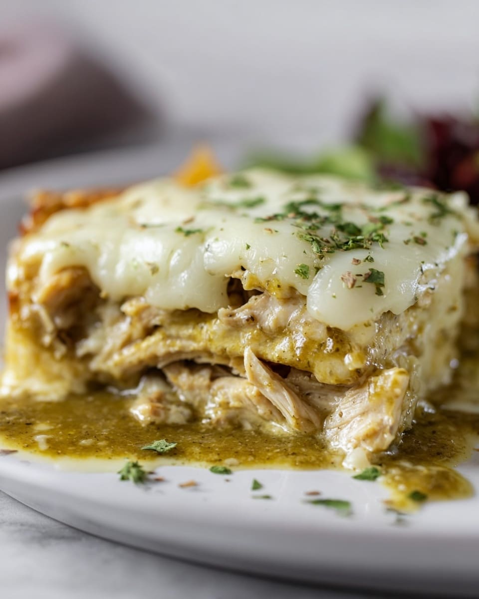 A close-up view of a layered dish on a white plate, showing about four layers; the bottom layer is shredded cooked chicken in light beige, covered with a thick, chunky green sauce with a slightly oily texture, then melted white cheese drapes over the top layer creating a smooth, creamy surface garnished with finely chopped green herbs scattered around. The dish sits on a white marbled surface, with part of a woman's hand reaching from the right side holding a piece of the food. Photo taken with an iphone --ar 4:5 --v 7