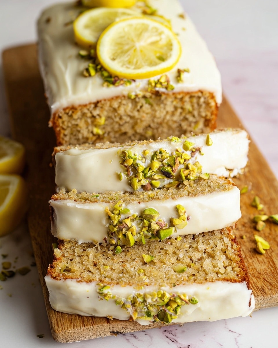 The image shows a loaf cake sliced into three thick pieces, each with a moist, crumbly light brown texture inside. The cake is covered with a smooth, creamy white frosting layer on top and partially on the sides. There are small pieces of green pistachios and thin lemon slices scattered on the frosting as decoration. The cake sits on a wooden board with a white marbled texture in the background. Photo taken with an iphone --ar 4:5 --v 7