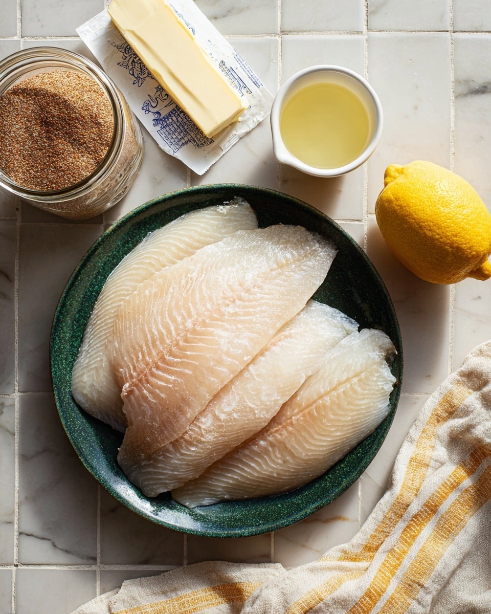 A dark green round plate holds four raw white fish fillets with a smooth, slightly translucent texture and faint lines, overlapping each other. To the left above the plate, there is a glass jar filled with a brown seasoning mix. Above the plate, a stick of pale yellow butter is partially wrapped in white paper with blue text. Next to the butter, a small white cup contains light yellow liquid. To the right of the cup, there is a whole bright yellow lemon. The setup is all placed on a white marbled tiled surface with light gray grout lines, with a beige cloth with yellow stripes partially visible at the bottom right corner. photo taken with an iphone --ar 4:5 --v 7