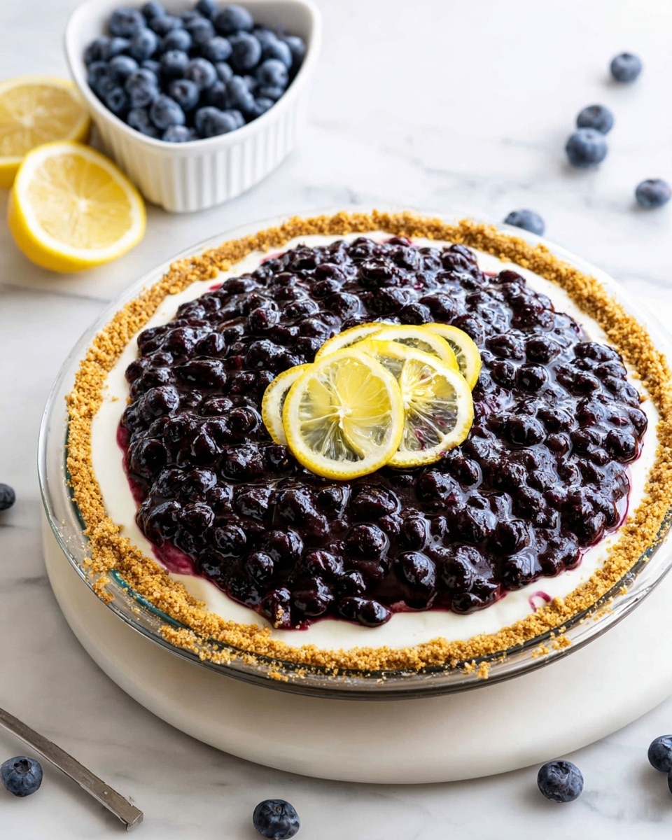 A round pie with three visible layers sits on a white marbled surface. The base layer is a crumbly golden crust, forming a thick edge all around. Next, there is a smooth white creamy layer filling the crust evenly. The top layer is a glossy dark purple blueberry topping made of whole blueberries and sauce, covering the white layer completely. Two thin lemon slices arranged in a small curve sit on top in the center. Nearby, there is a white dish filled with fresh blueberries, and a few blueberries are scattered on the marble surface. Photo taken with an iphone --ar 4:5 --v 7
