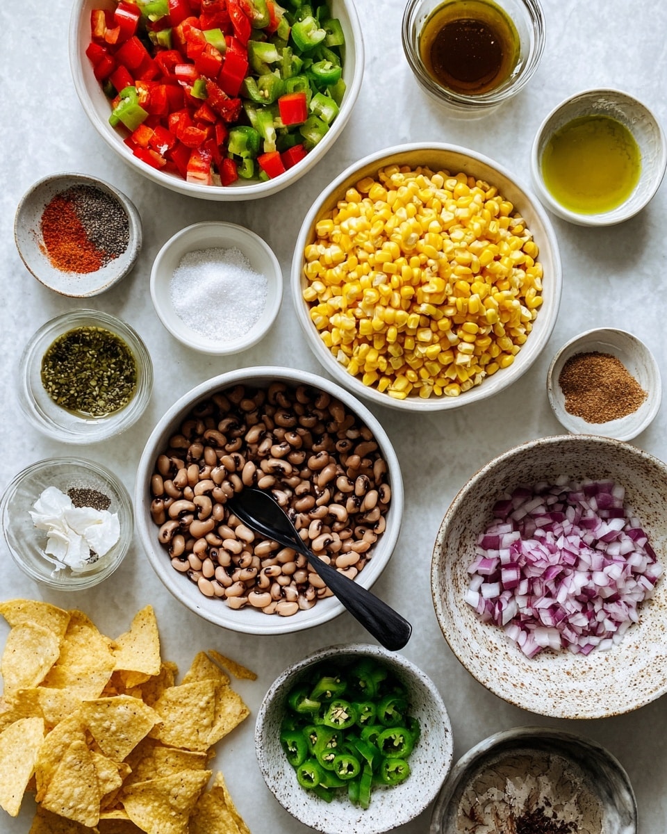 The image shows several small white bowls and plates arranged closely on a white marbled surface. In the center is a large white bowl filled with black-eyed peas, featuring a black spoon inside. Above it, a white bowl holds bright yellow corn kernels. To the top left, a white shallow bowl contains a mix of diced red and green bell peppers. To the right of this bowl, there is a rustic speckled bowl filled with finely diced red onions. Surrounding these are small white bowls containing chopped green jalapeños, light-colored liquid resembling vinegar or oil, and another with greenish oil speckled with black seasoning. There are also smaller dishes with white minced garlic, a mix of red spices, and salt with black pepper. Scattered around are a few broken light yellow tortilla chips. The overall arrangement is neat and colorful with various textures. Photo taken with an iphone --ar 4:5 --v 7