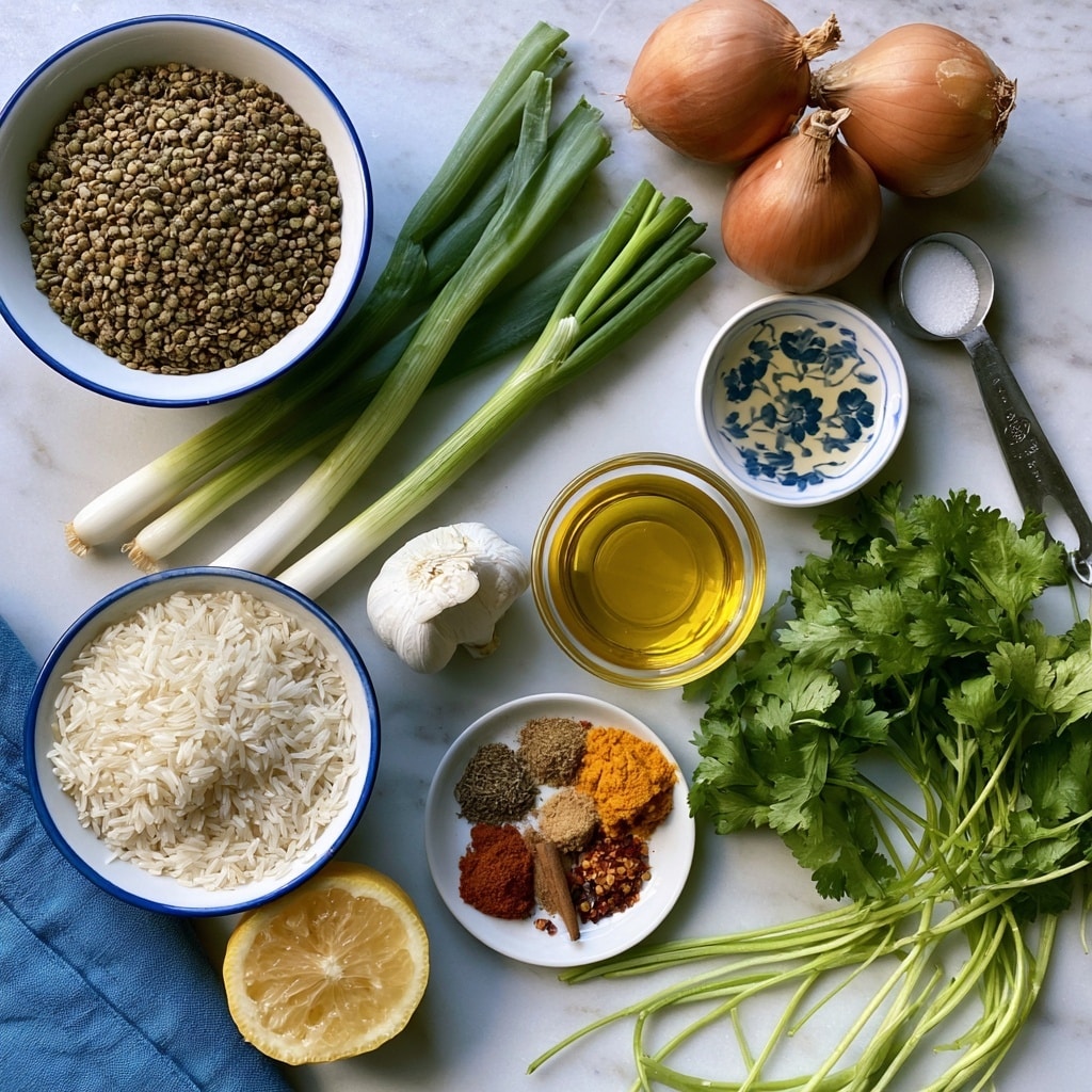 The image shows a flat white marbled surface with various ingredients for cooking laid out neatly. In the top left, there is a white bowl with a blue rim filled with dried brown or green lentils. To its right, three whole fresh scallions with white bulbs and green stalks lie across the surface. Three brown onions are placed near the top right beside a silver measuring spoon with sugar. Below the onions, a small white bowl with a blue floral pattern holds vinegar. Below that, a clear glass bowl contains golden olive oil. In the center, garlic rests between the scallions and olive oil. A small white dish with several spices, including cumin, coriander, paprika, turmeric, cinnamon, and red pepper flakes, is near the bottom center. Fresh green parsley and cilantro with long stems and leafy tops are on the bottom right. Near the bottom left, half a lemon sits next to a white bowl with a blue rim filled with basmati rice. A blue napkin is visible in the bottom left corner of the image. Photo taken with an iphone --ar 4:5 --v 7