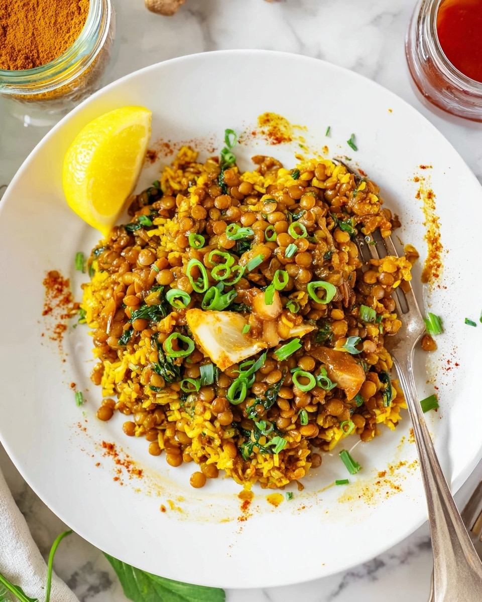 A white plate on a white marbled surface holds a serving of cooked lentils mixed with yellowish-orange rice. The dish has a few layers: the bottom layer is the yellowish-orange rice with lentils mixed throughout, topped with small pieces of a brownish cooked vegetable or sauce. Scattered green chopped herbs and thinly sliced green onions sit on top, adding a fresh bright touch. A lemon wedge quarter is placed on the edge of the plate, leaning slightly into the food. Some oil droplets and chili powder specks are spread on the plate’s rim. There is a silver fork resting on the right side of the plate. A glass jar with turmeric powder, some leafy greens, and part of a red object are visible around the plate. photo taken with an iphone --ar 4:5 --v 7