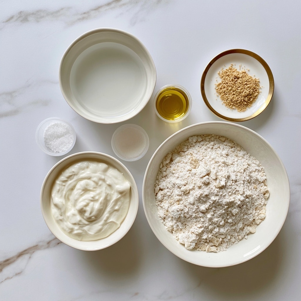 The image shows seven white bowls and small containers arranged neatly on a white marbled surface. On the right side, there is a large white bowl filled with plain flour, textured with some small lumps showing. To its left, a medium bowl holds creamy Greek yogurt with a smooth texture. Above the yogurt bowl, another medium bowl filled with clear water is placed. Smaller containers hold salt, superfine sugar, and olive oil – the oil is golden yellow and shiny, while the salt and sugar are fine and white. A small white plate with a gold rim contains light brown yeast granules, slightly grainy and compact. All items are spaced evenly and labeled clearly, capturing a clean and organized setup. photo taken with an iphone --ar 4:5 --v 7
