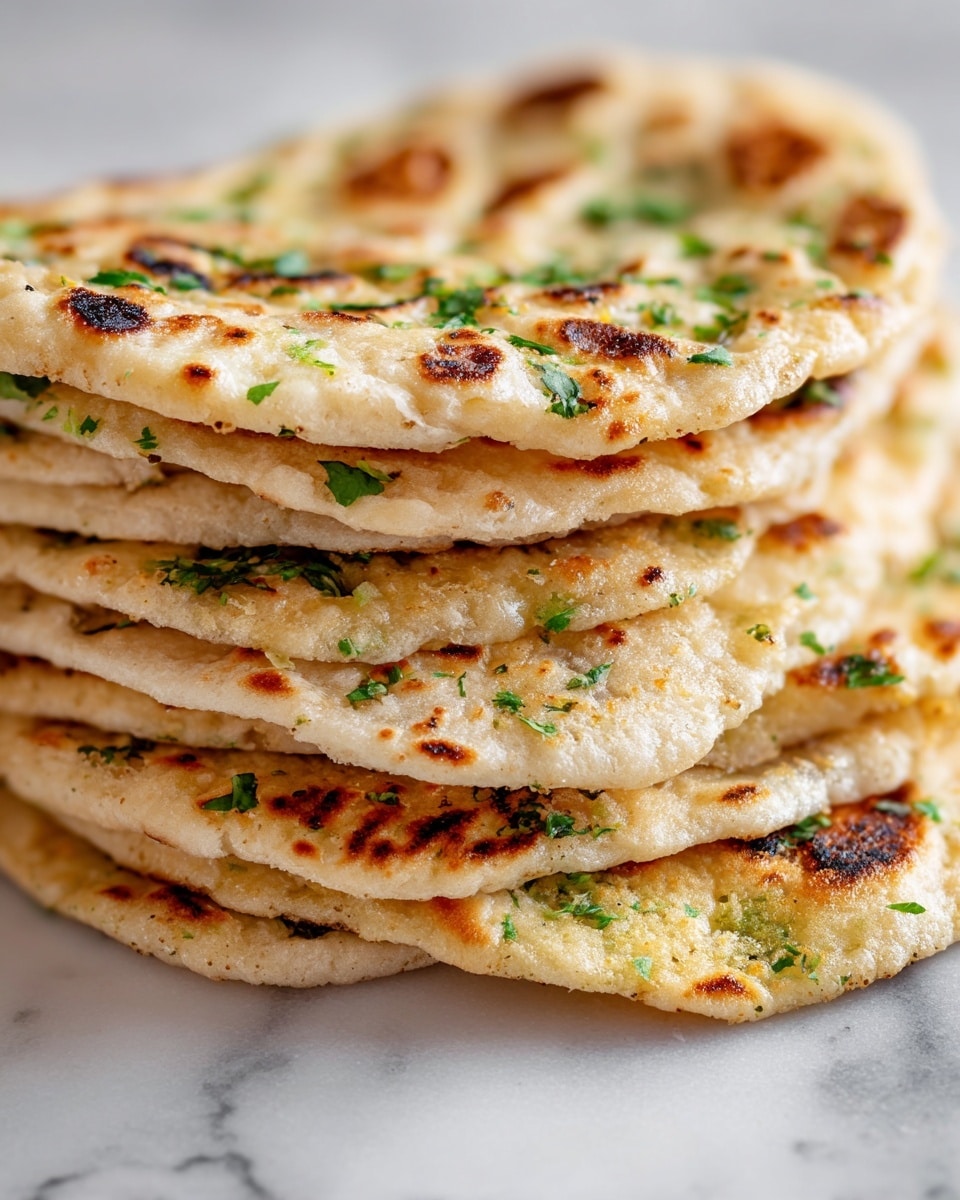 A close-up view of a stack of seven flatbread pieces, each layer showing a golden-brown surface with small charred spots and scattered green herb bits embedded throughout. The flatbreads have a soft, slightly thick texture with a few air pockets visible, and the edges are slightly uneven and rounded. The stack rests on a white marbled texture. The green herbs sprinkled on the surface add a fresh look, contrasting with the warm beige and golden tones of the bread. photo taken with an iphone --ar 4:5 --v 7