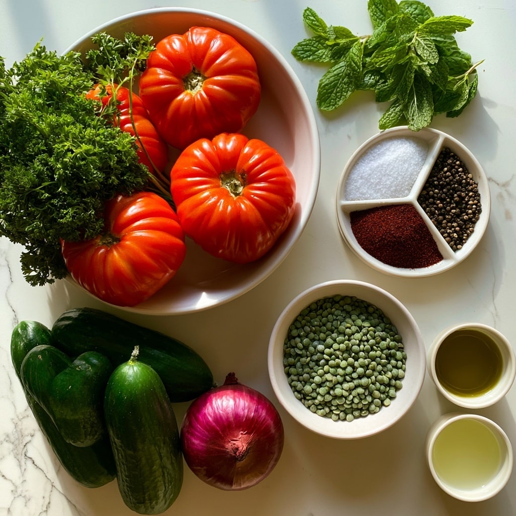 A white bowl on a white marbled surface holds three large bright red tomatoes with shiny, ribbed skin, nestled beside a bunch of curly green parsley. To the right, fresh green mint leaves rest on the surface above a round white dish divided into three sections, filled with white salt, dark red sumac, and black pepper. Below, a cluster of four dark green cucumbers with smooth skin lies next to a whole red onion with glossy purplish-red skin. A white bowl filled with small, round green lentils is placed near a small white cup containing olive oil and a white cup filled with light yellow lemon juice. All items are arranged spaced out neatly, with clear natural lighting. Photo taken with an iphone --ar 4:5 --v 7