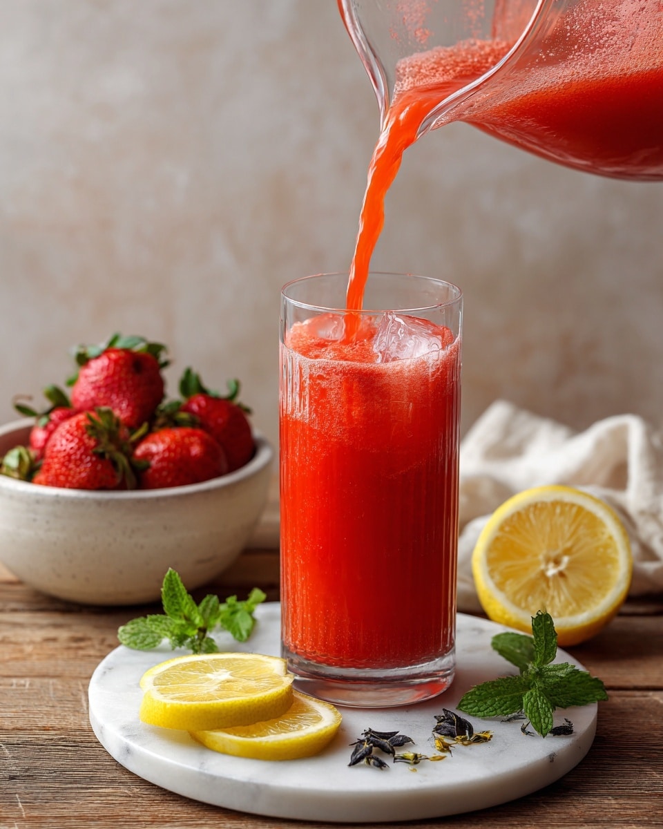 A tall clear glass with round ice cubes holds a bright red strawberry drink with a frothy top, being poured from a pitcher above that shows the texture of the blended red liquid. Next to the glass is a white bowl filled with whole fresh red strawberries and beside it are three yellow lemon slices placed on a white marbled surface, along with fresh green mint leaves and some dark dried petals scattered nearby. The scene is set on a wooden table. photo taken with an iphone --ar 4:5 --v 7