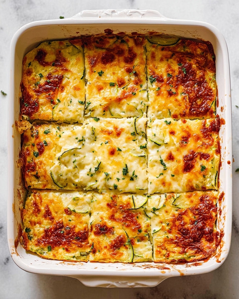 The image shows a white ceramic baking dish with a baked casserole cut into eight pieces. The top layer is melted golden cheese with some browned spots and sprinkled green herbs. Beneath the cheese, there is a visible creamy layer mixed with thin green vegetable slices, possibly zucchini. The casserole edges are slightly browned and bubbly. The dish sits on a white marbled surface. Photo taken with an iphone --ar 4:5 --v 7