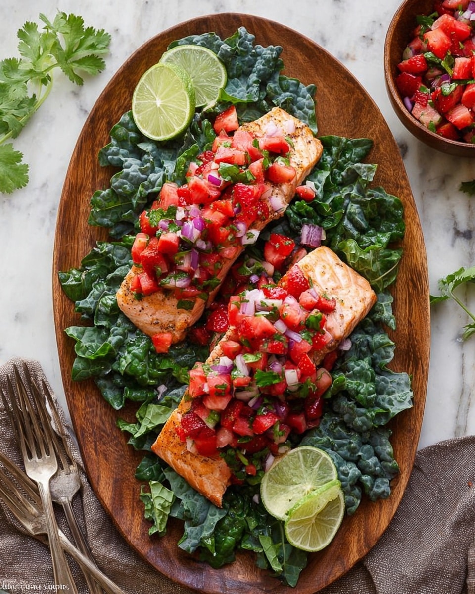 A wooden round plate holds a bed of dark green kale leaves spread evenly across its surface. On top, three cooked salmon fillets with a pink-orange color and lightly seasoned texture form the middle layer. Covering the salmon is a chunky topping of bright red strawberry salsa mixed with small pieces of red onion, green herbs, and tiny bits of white. Two lime wedges, one whole and one cut in half, rest on the kale near the salmon, adding a fresh touch. To the right of the plate, two ornate silver forks lie side by side. The plate is set on a dark wooden table with a beige cloth in the background. Photo taken with an iphone --ar 4:5 --v 7