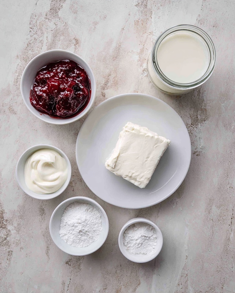 The image shows six small white dishes on a white marbled surface. In the center, a square block of white cream cheese sits on a round white plate. Above it to the left, a small white bowl contains chunky, dark red jam. To the right of the jam, a small glass jar filled with white milk is placed. Below the milk jar, another small white bowl holds thick white yogurt. In the lower left and center, two small white bowls contain white powdered ingredients. The whole setup looks tidy and simple. photo taken with an iphone --ar 4:5 --v 7