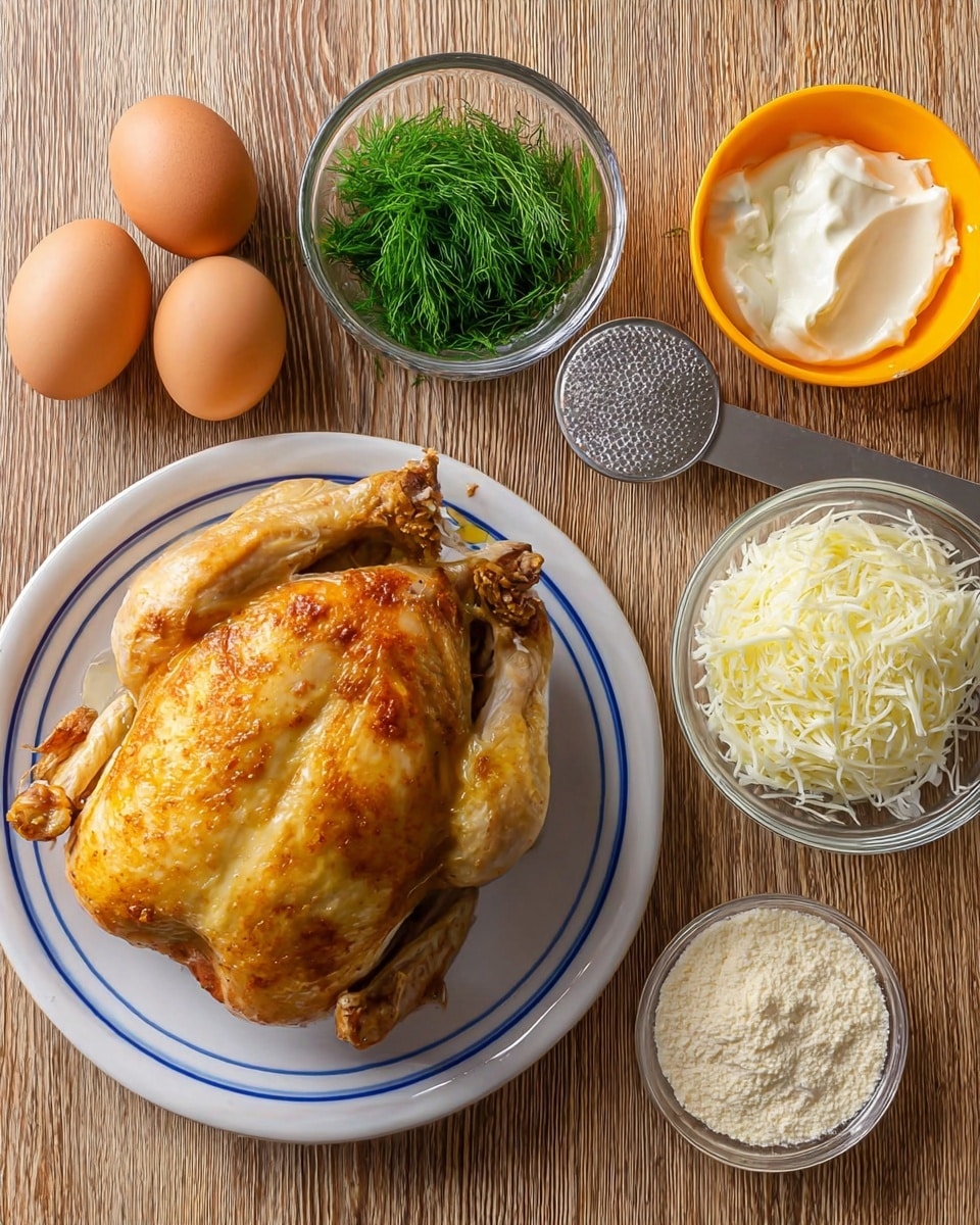 A whole cooked chicken with golden-brown skin is placed on a white plate with two blue rings near the edges, positioned on the left side of the image. To the right, there are two eggs with smooth brown shells, a clear plastic container of fresh green dill, a metal measuring scoop filled with white flour, a clear glass bowl holding shredded white cheese, a white lemon, an orange bowl with creamy white mayonnaise, and a small white bowl filled with a light beige crumbly ingredient. All items sit on a wooden surface with a natural grain. photo taken with an iphone --ar 4:5 --v 7