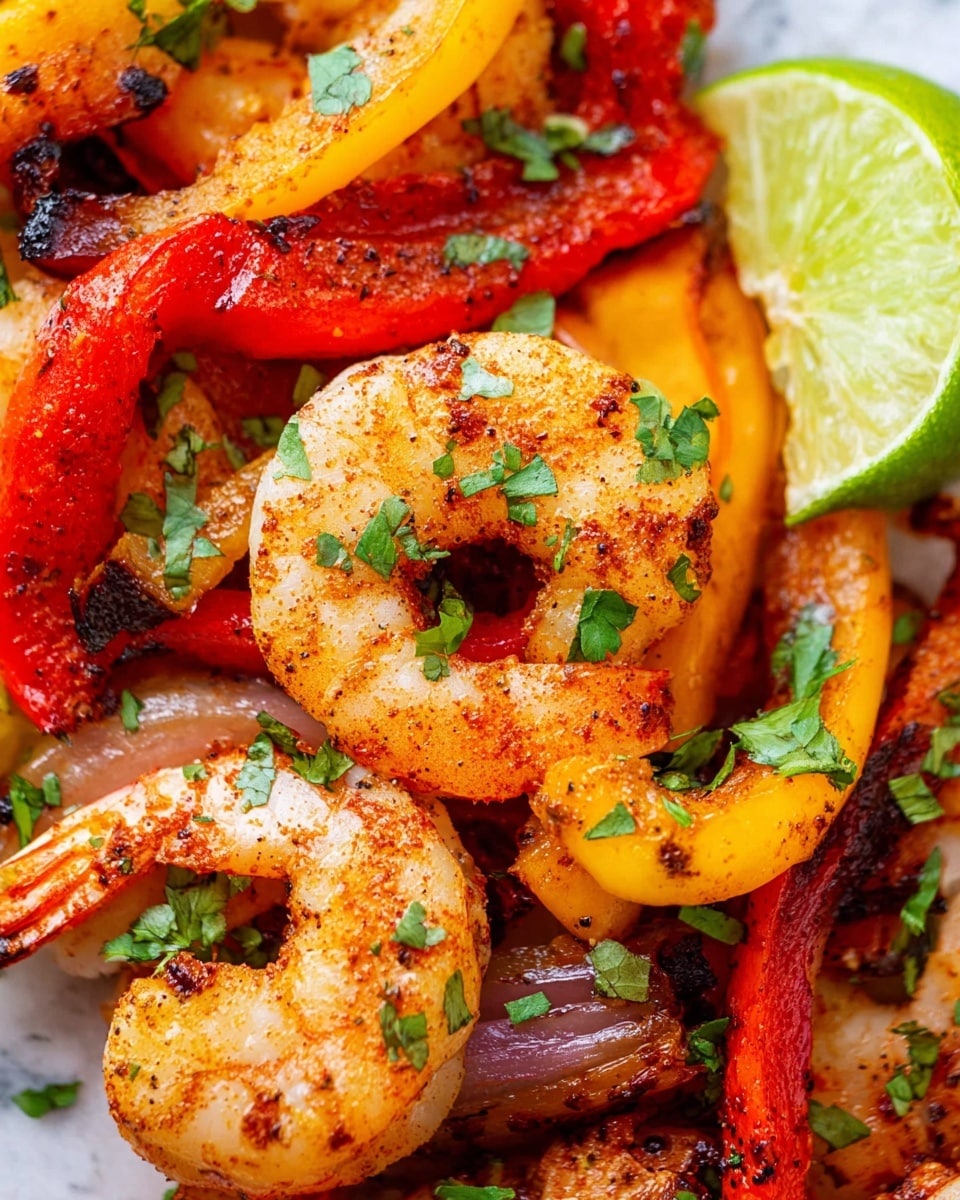 A close-up of cooked shrimp mixed with colorful grilled bell peppers in red, yellow, and orange colors, along with small green pieces of cilantro sprinkled on top. The shrimp is light pink with a slightly browned seasoning, and the vegetables have a smoky texture with visible char marks. There is a slice of bright green lime on the right side adding a fresh contrast. All the food sits on a white marbled surface that enhances the vibrant colors of the dish photo taken with an iphone --ar 4:5 --v 7