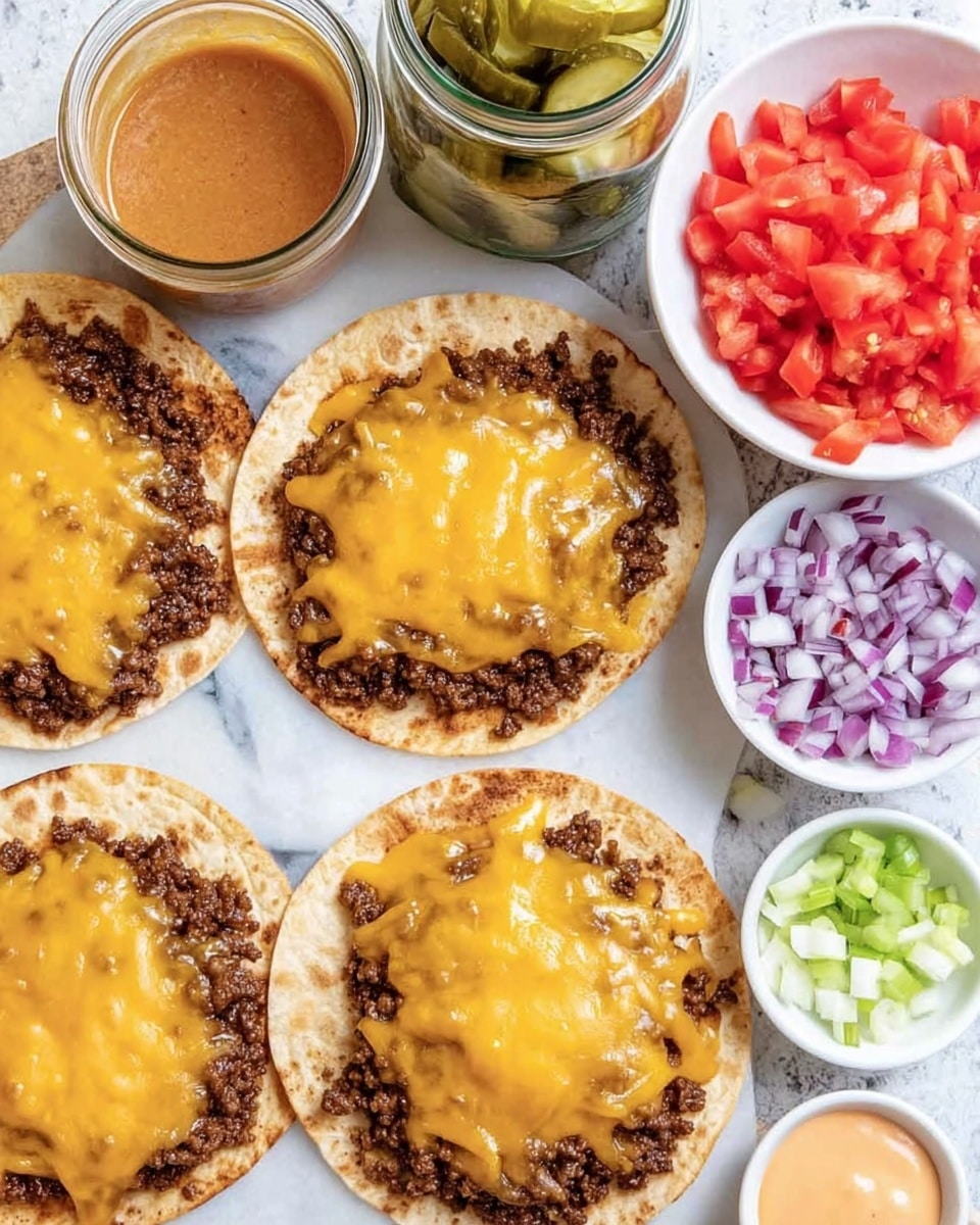 The image shows four small flat tortillas arranged closely on a white marbled surface. Each tortilla has a round layer of cooked brown ground beef topped with a thick, uneven layer of melted golden yellow cheddar cheese. Around the tortillas, there are small white bowls and clear glass jars holding different toppings and sauces. At the top right, a white bowl is full of finely chopped bright red tomatoes. Near the top left, a glass jar contains sliced green pickles. Below the tortillas, another small glass jar holds a light orange creamy sauce. At the bottom, small white bowls contain thinly sliced pale green onions and small cubes of dark purple-red onions. The photo taken with an iphone --ar 4:5 --v 7